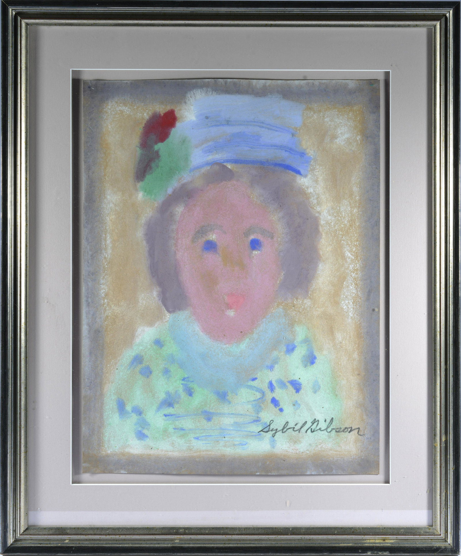 SYBIL GIBSON FOLK ART PAINTING: pastel on paper. Signed lower right. Framed. 18"x22"