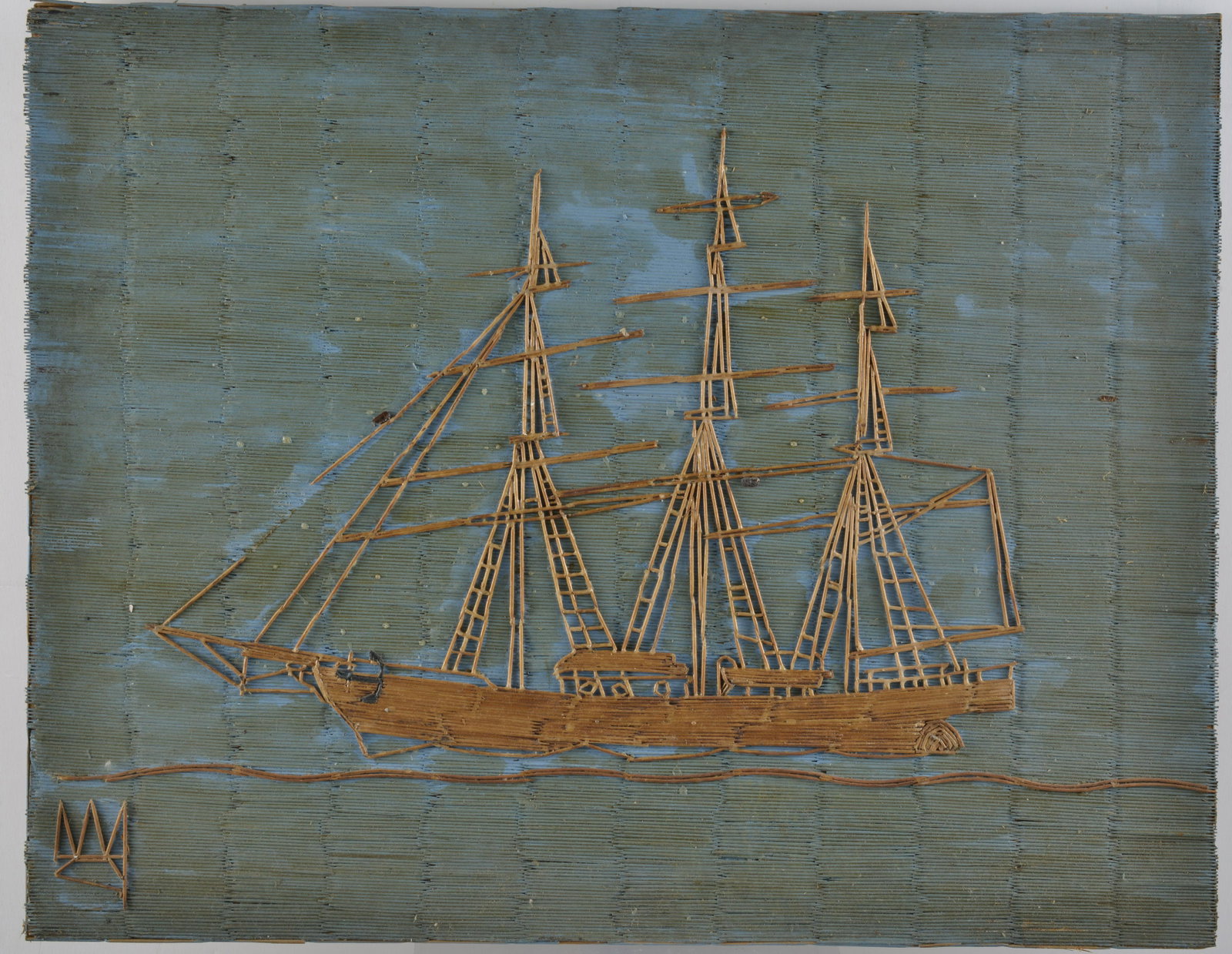 WESLEY STEWARD FOLK ART (SHIP): TOOTHPIC ART. PAINT. SIGNED LOWER LEFT. 28"x22"