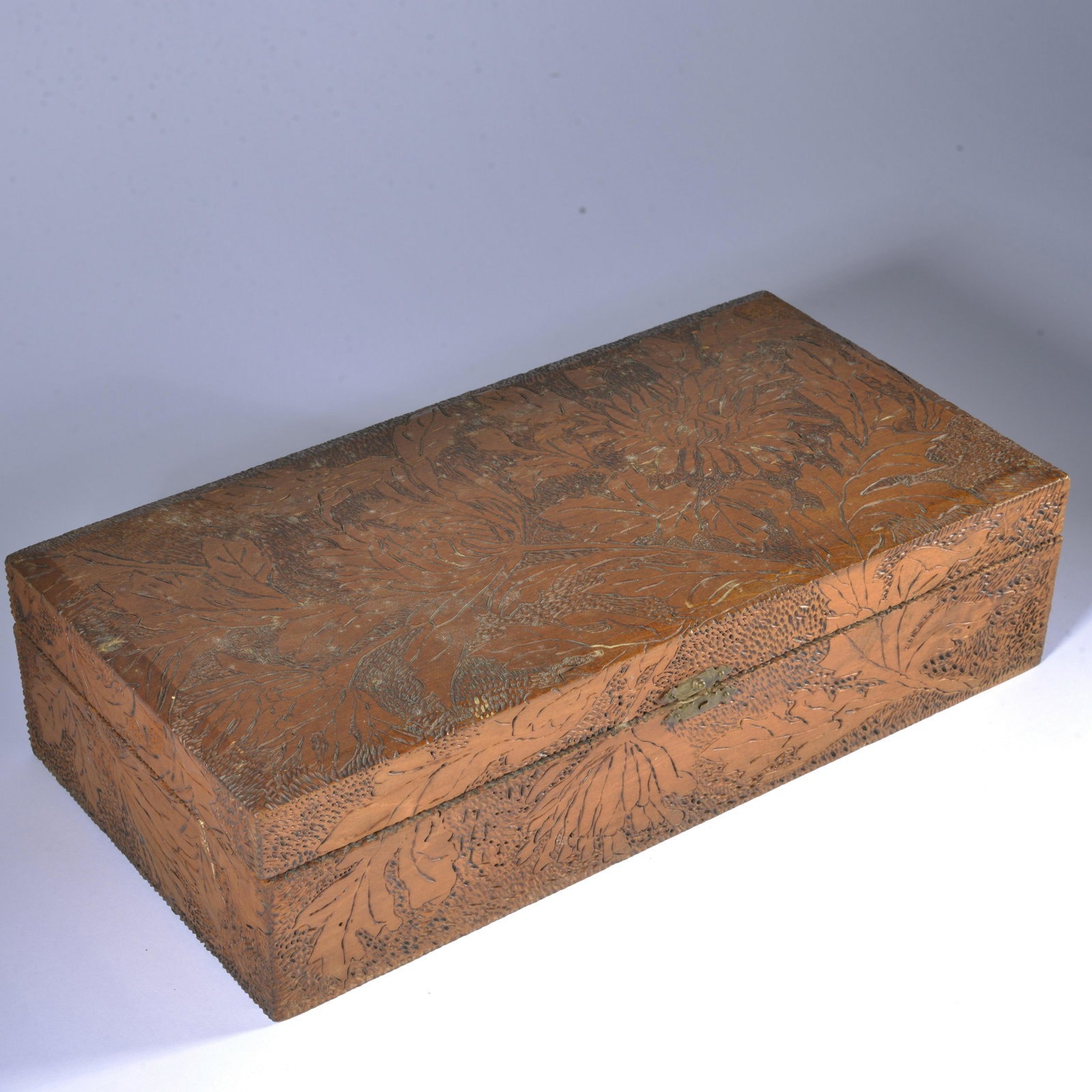 carved and burned document box: lidded box, wood, burning and carved. 15"x7.5"x4"
