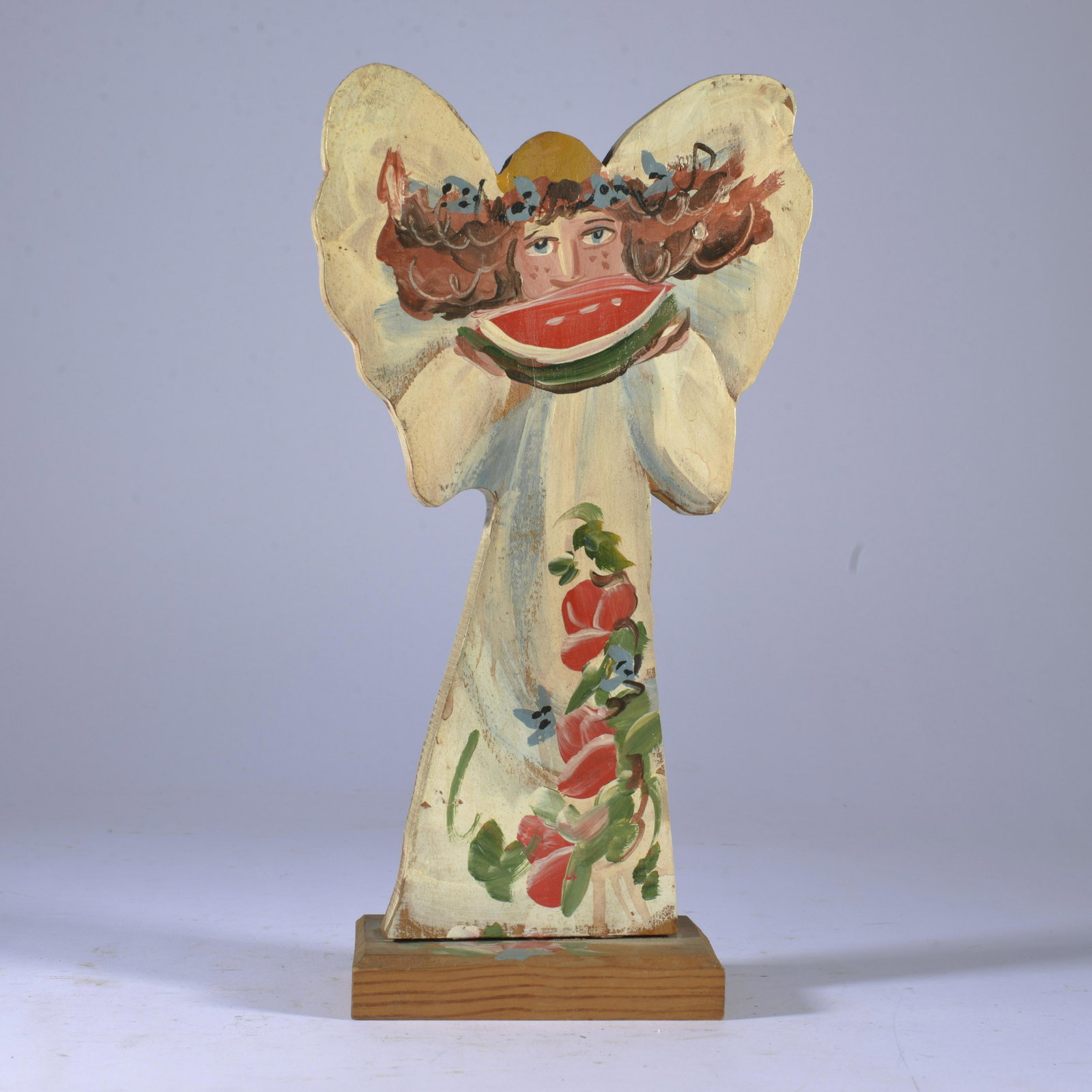 LORRAINE GENDRON FOLK ART CUTOUT: wood and paint, mounted to base signed by artist on bottom. 11.5" tall