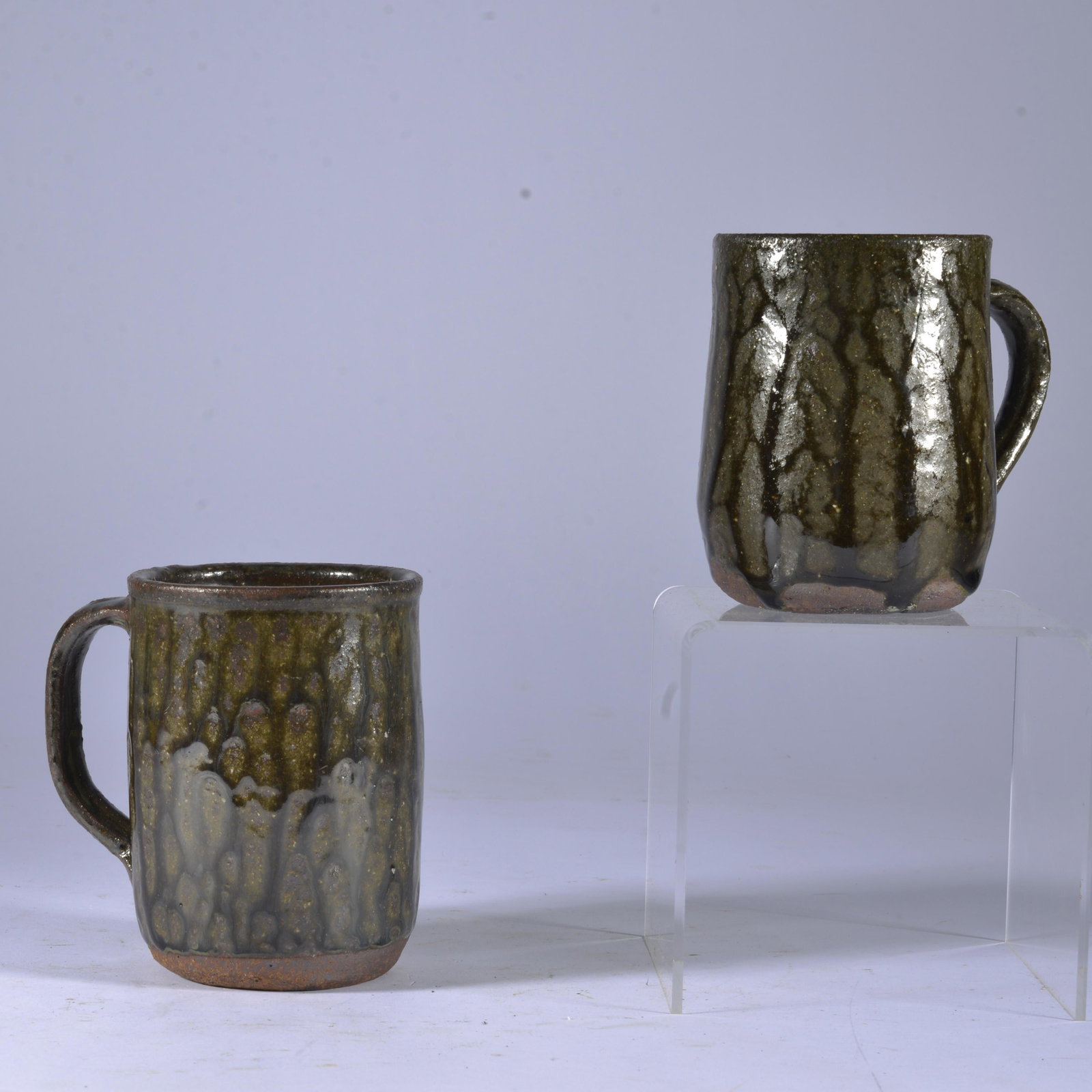 CLEATER (CLETE) MEADERS JR (b1921-d2003) POTTERY MUGS GA 1985: Pair of excellent wood-fired alkaline mugs turned by Cleater Meaders Jr of GA (married to still living potter Billie Meaders). Son of Cleater Meaders Sr. and father of folk potter Clete Meaders III. T
