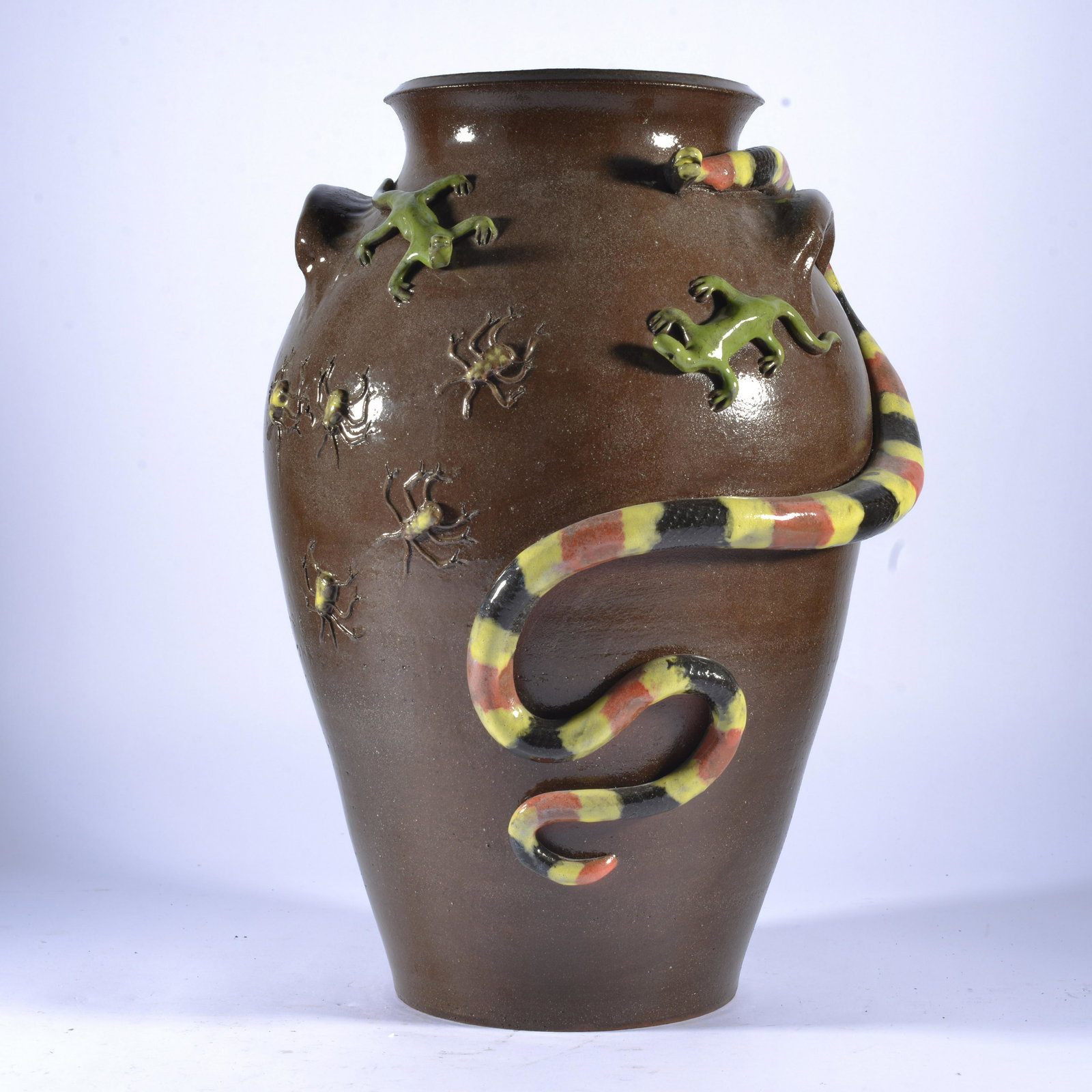 MARVIN BAILEY EARLY POTTERY JAR W/ SNAKES & LIZARDS 2008: Beautiful early Marvin Bailey folk pot. Jar with applied snakes and lizards, signed & dated 2008 on base. Stands 15.5" tall.