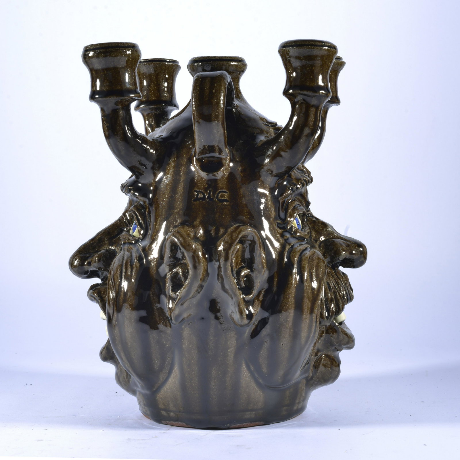 DWAYNE CROCKER POTTERY DOUBLE FACE CANDELABRA JUG GA: Dwayne Crocker, of the famed Crocker Bros family of GA potters in Gillsville is truly still the most active. And this recent example of his amazing folk pottery, a double face candelabra. Signed on ba