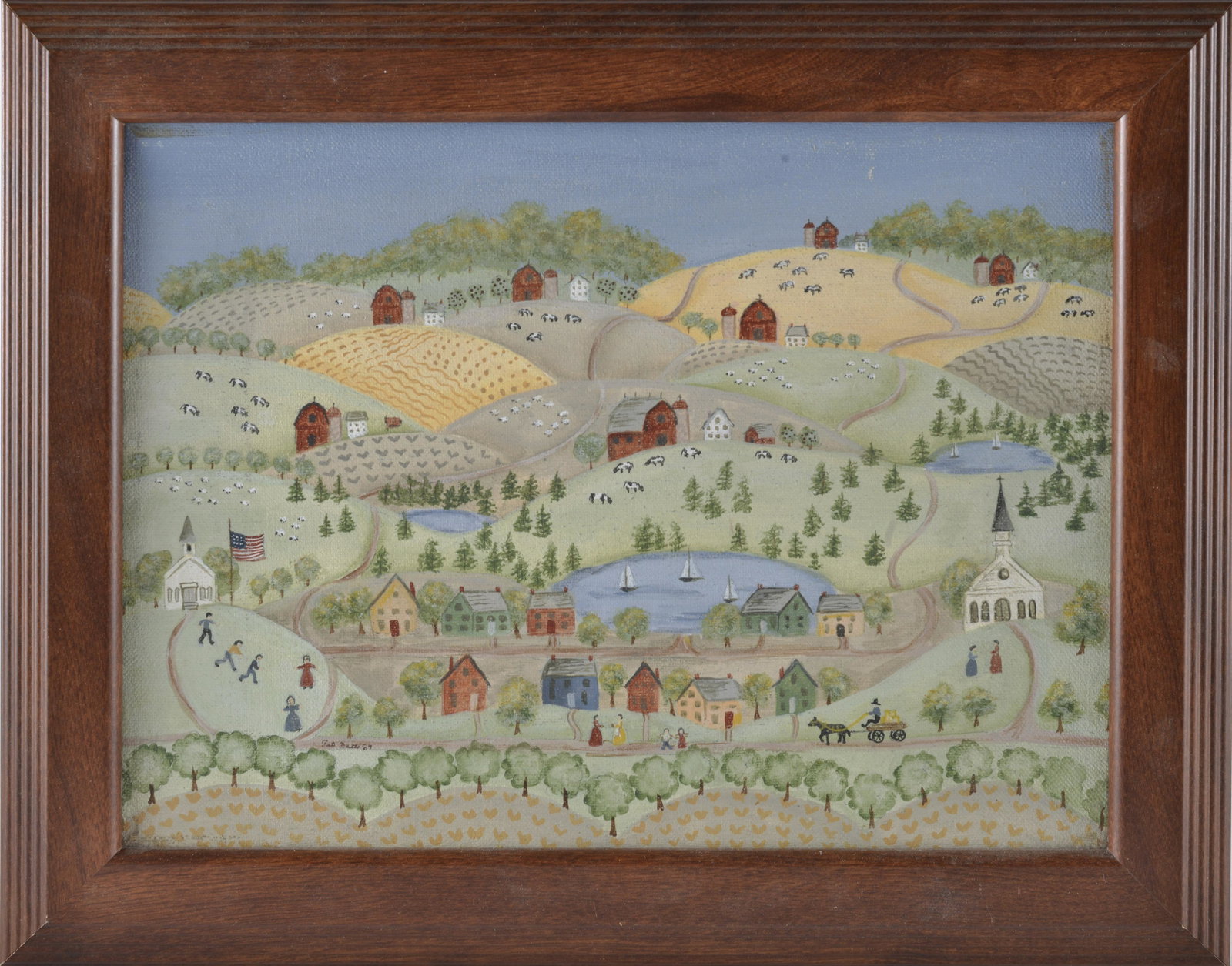 Pat Mattis Folk Art Painting: paint on canvas, signed left lower side dated 1987. 14.5"x11.5"