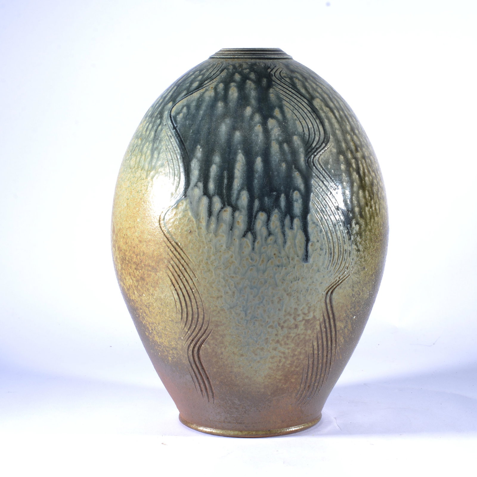 BEN OWEN III POTTERY ASH GLAZE W/ COBALT SPECIAL VASE 2006 SEAGROVE: Ben III now is mentoring his son Ben IV at age 15 at his shop. Recent news from Seagrove. Ben is part of a multigenerational historical family of potters. His grandfather, aka Ben Owen (I or Master Po