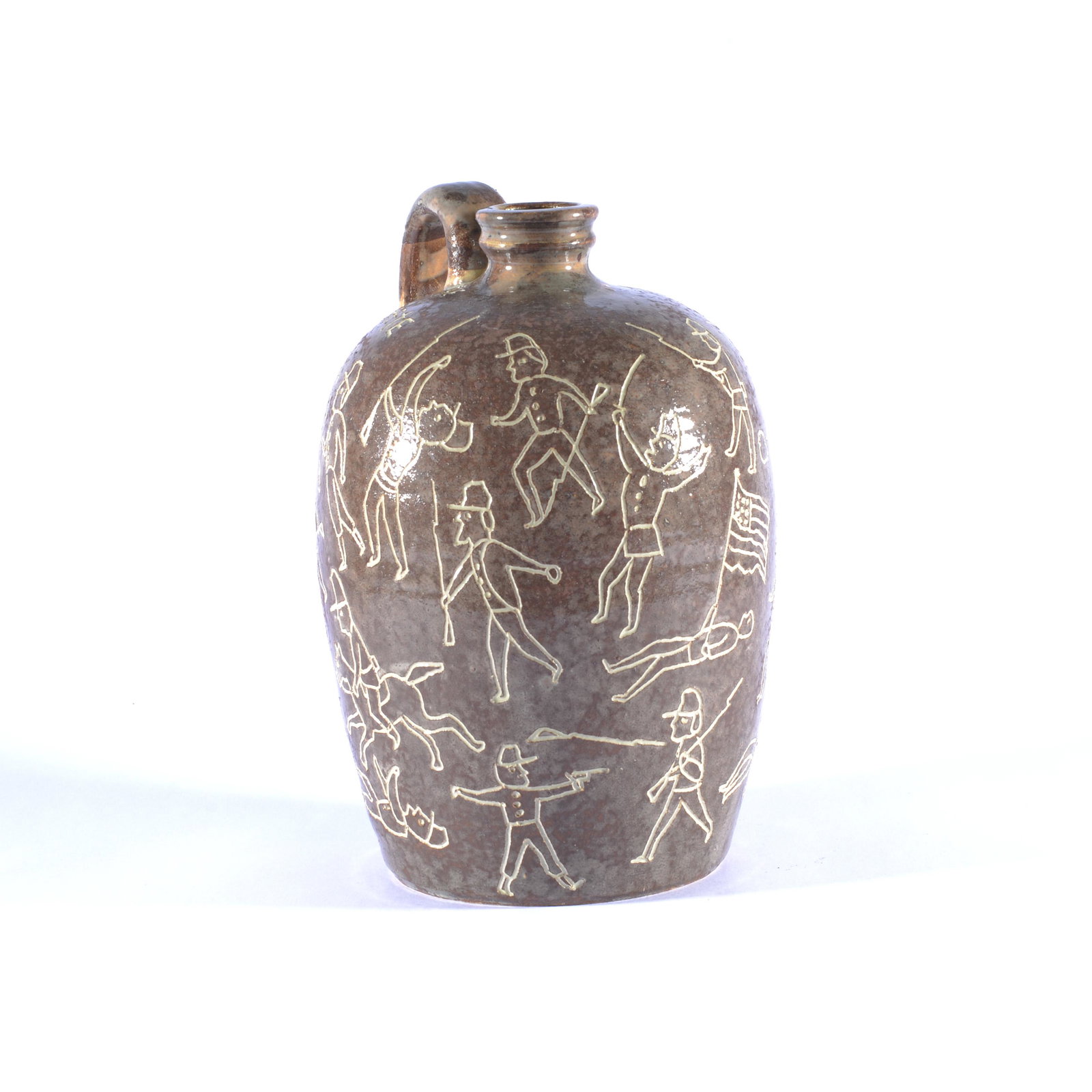 RODNEY LEFTWICH CIVIL WAR CHILDHOOD DRAWING INSPIRED JUG: Per Rodney, this jug is particularly interesting, because as a child, he would like to draw all sorts of things. This battle scene of Confederate & Union soldiers w/ the words 'The Attact' and 'The Re