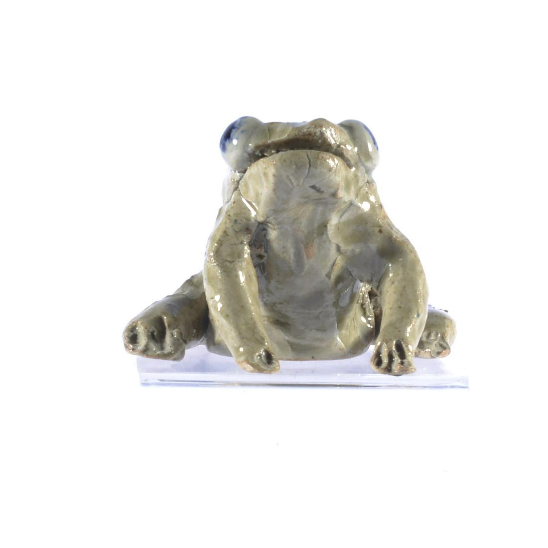 JERRY BROWN RARE FROG FIGURAL 1998 AL FOLK POTTERY: Potter Jerry Brown of Alabama was one of the Southern folk pottery legends. His family carries on the tradition. This frog figural is extremely rare for Jerry. The figural is 2.5" tall x 3". Marked Je