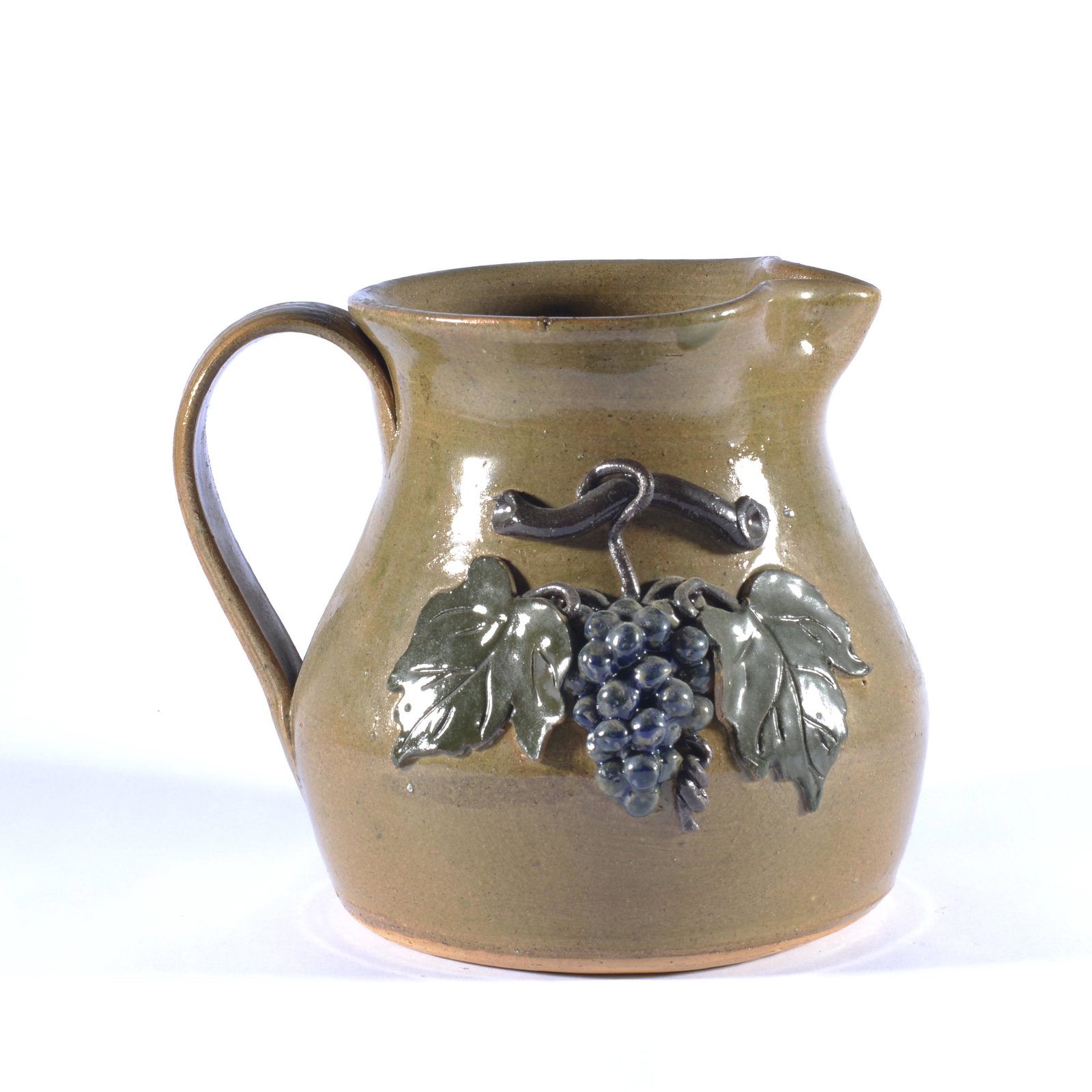 WILFORD DEAN APPLIED GRAPES & LEAVES DECORATED PITCHER GA: A popular style of GA potters in the employment of grapes & leaves applied to their pots. This was done by late potter Wilford Dean of GA. He is known for both face jugs & pots w/ country scenes too. 