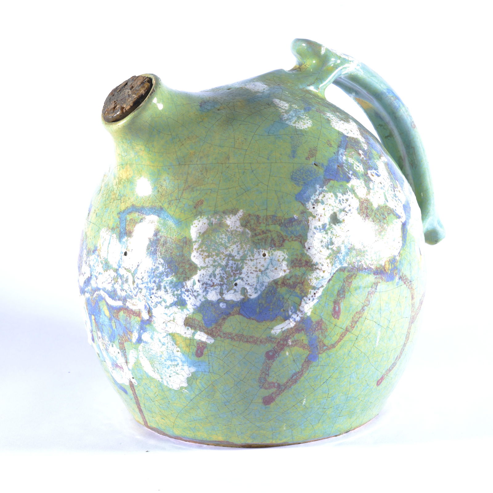 AR COLE RAINBOW POTTERY REFRIGERATOR JUG EXPERIMENTAL GLAZE 1930S: One of the the shops that potter Arthur Ray (AR) Cole created contract work for various shops include Rainbow Pottery. Rainbow is definitely the most famous of these shops. This form is known as a ref