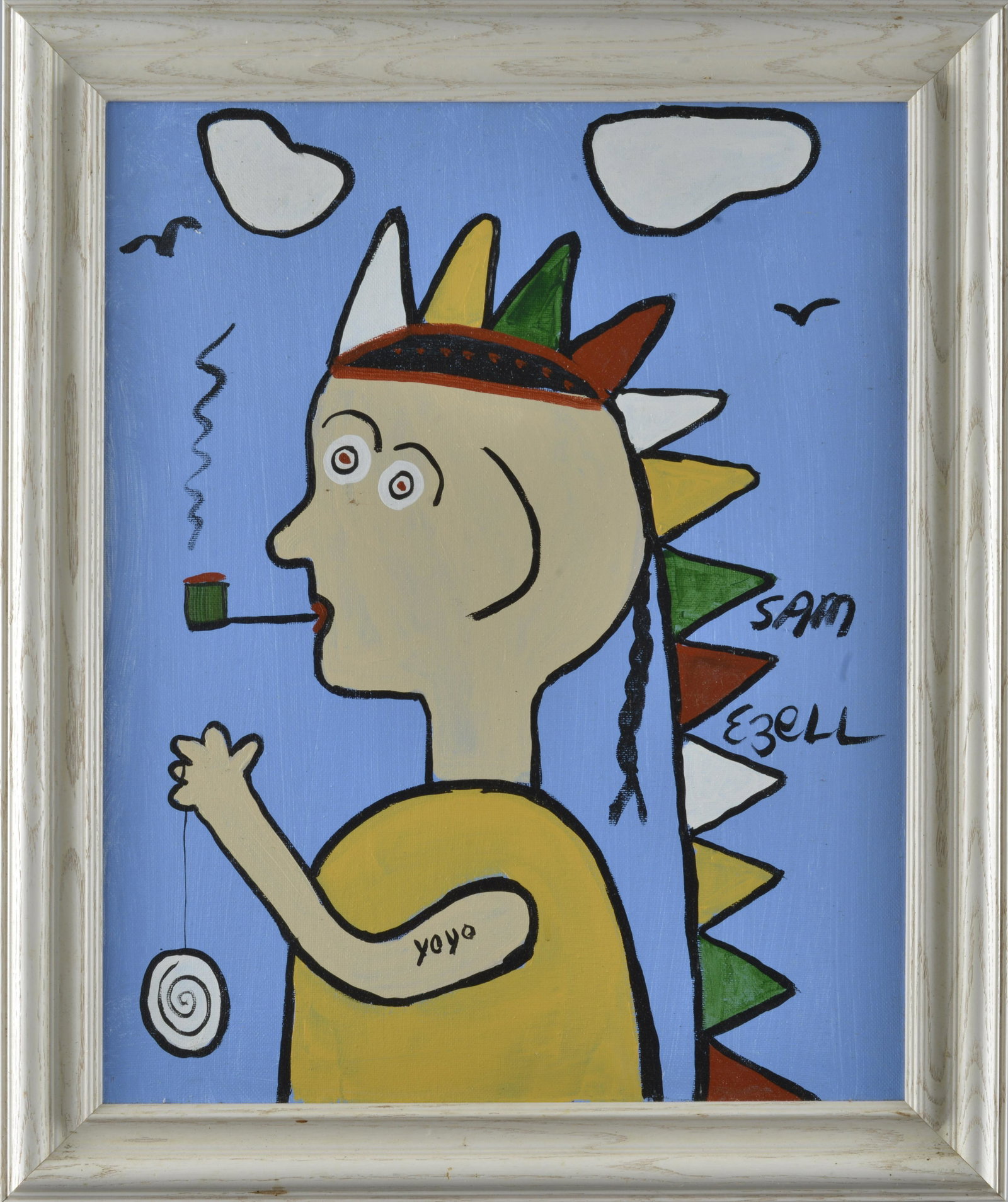Sam Ezell Folk Art Painting (indian): paint on canvas, signed right side. Framed to 19.5" wide to 13.5" tall