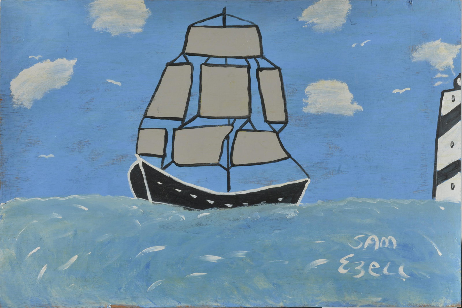 Sam Ezell Folk Art Painting (pirate ship): paint on board, signed lower right. 36" wide and 23.75" tall.
