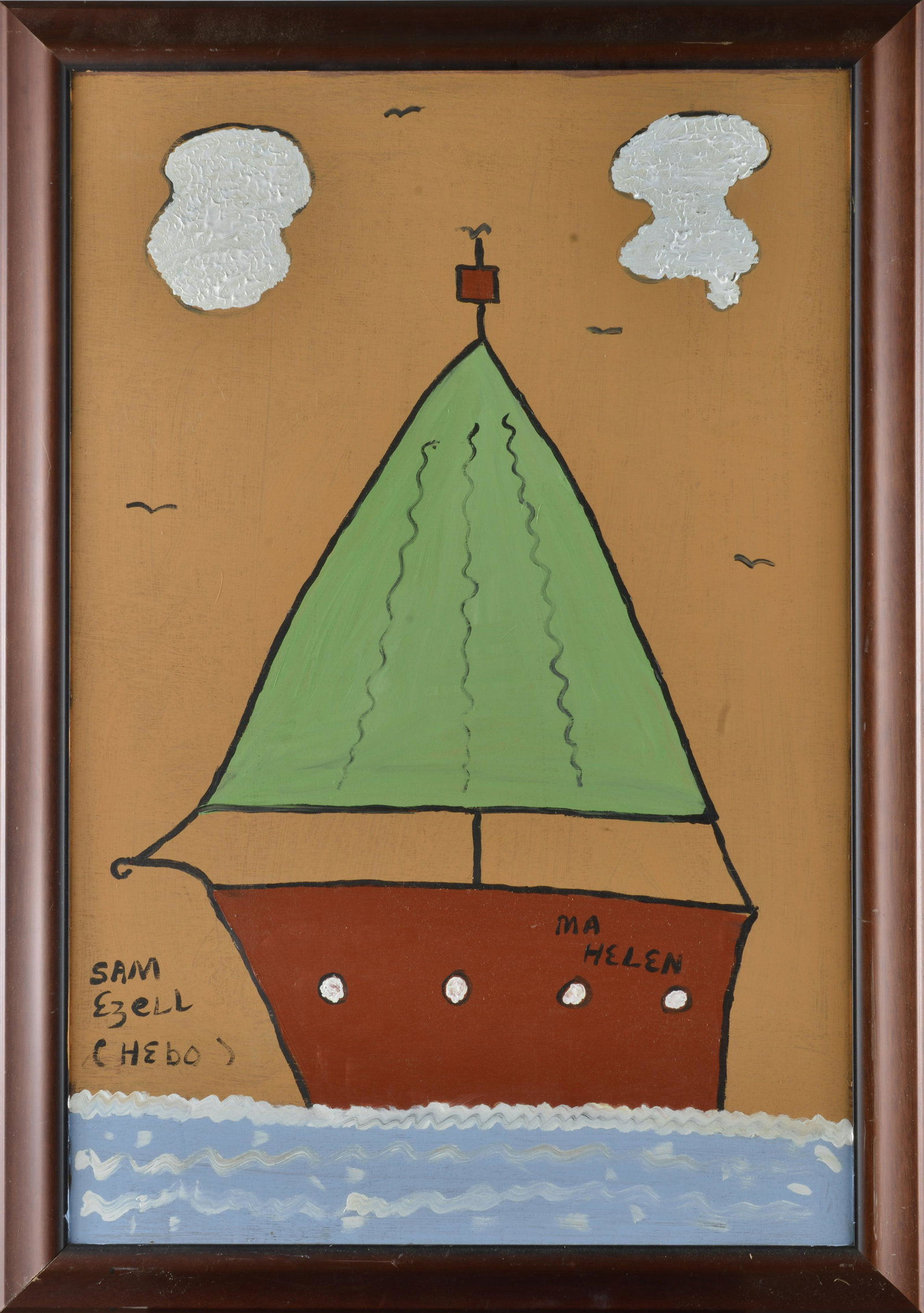 Sam Ezell Folk Art Painting (sail boat, red): paint on canvas, signed lower left. Framed to 28" wide and 39.5" tall