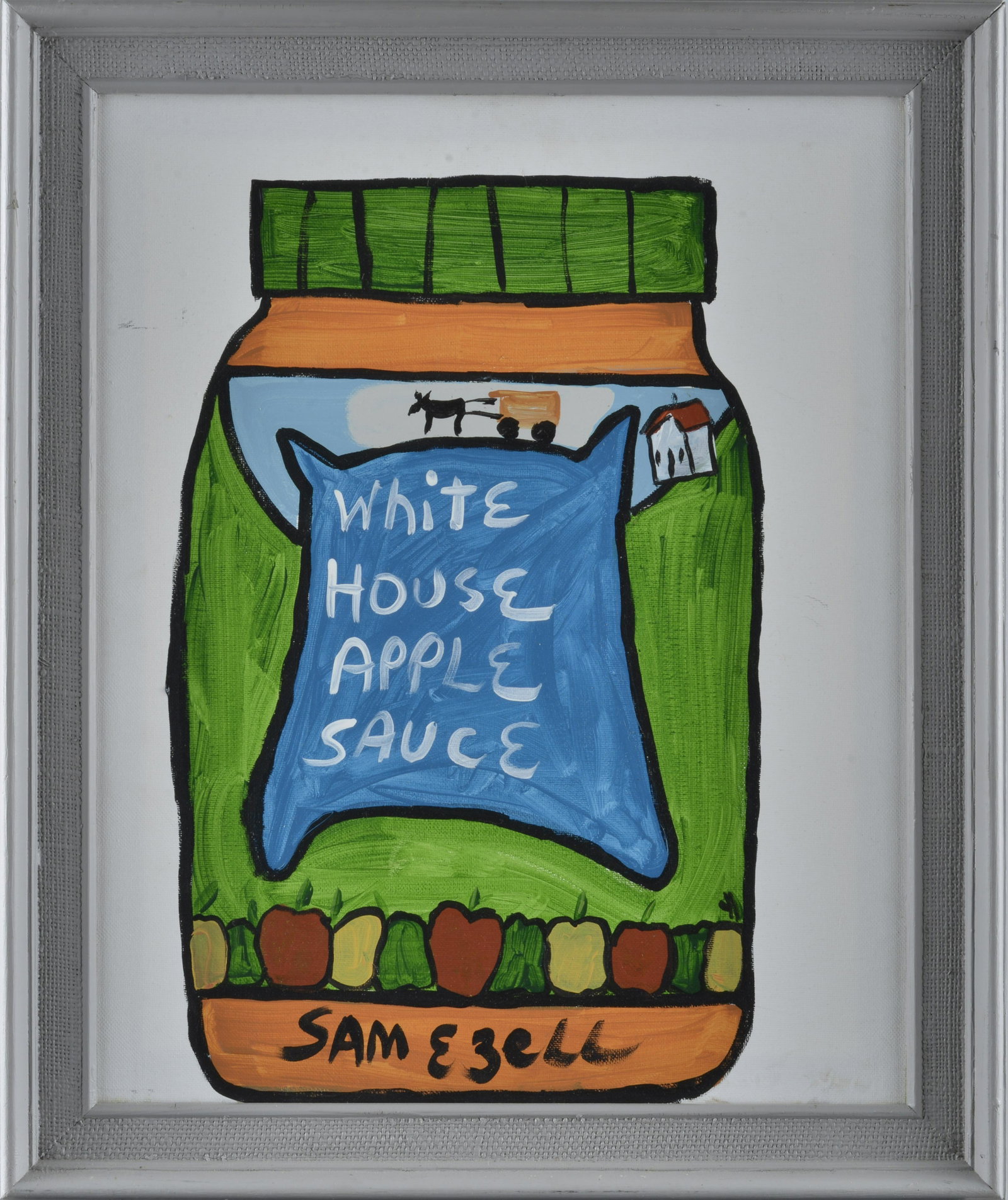 Sam Ezell Painting (apple sauce): paint on canvas, framed. Signed at bottom of jar. Framed to 19.25" wide by 23.5" tall.