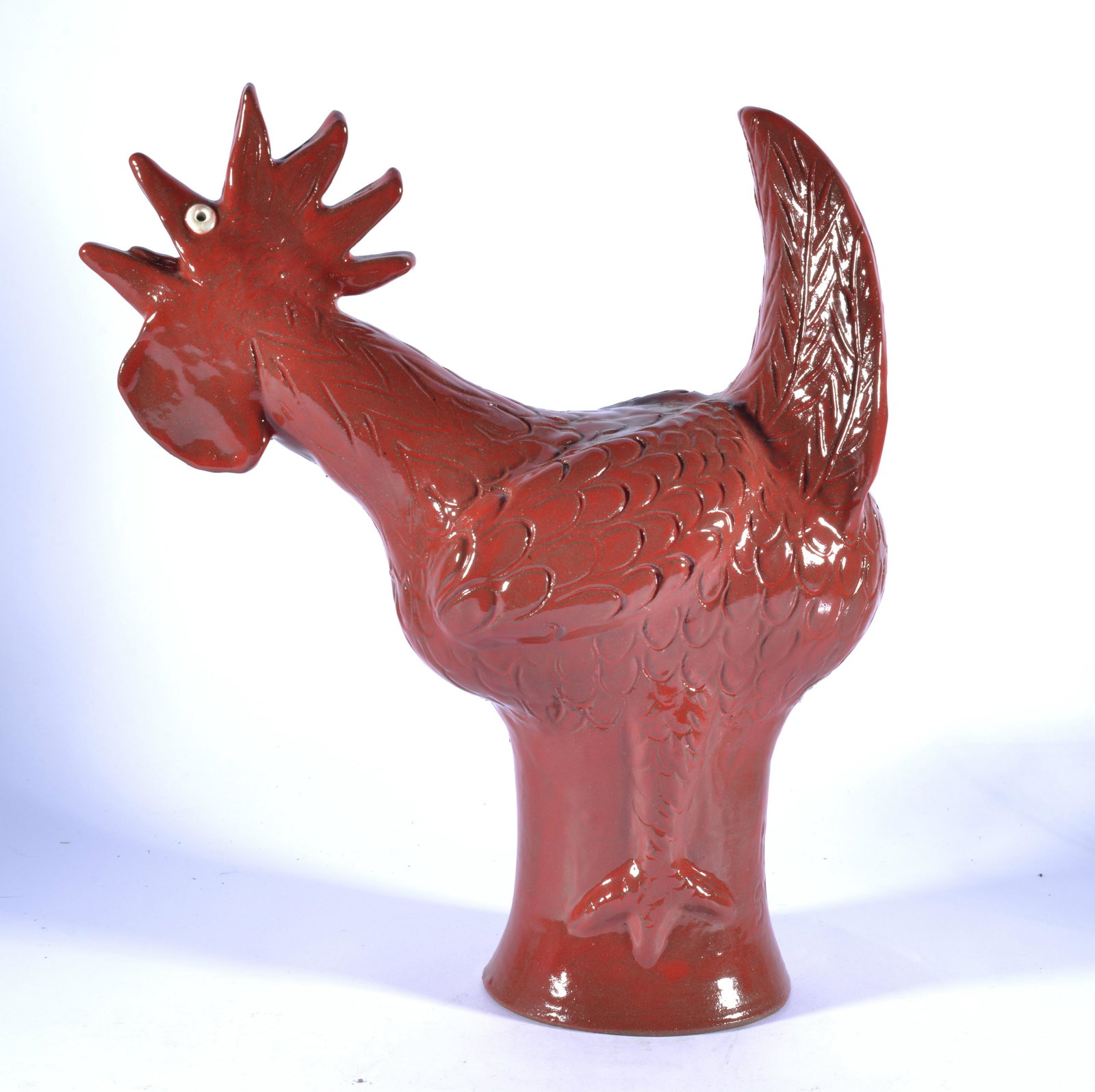 ROBERT STEVENS POTTERY STANDING ROOSTER FIGURAL LANCASTER SC: Potter Robert Stevens has been active for the past couple decades in Lancaster, SC as a folk potter. This is an uncommon example of his mostly gas-fired works. Beautiful red glaze rooster & signed at 