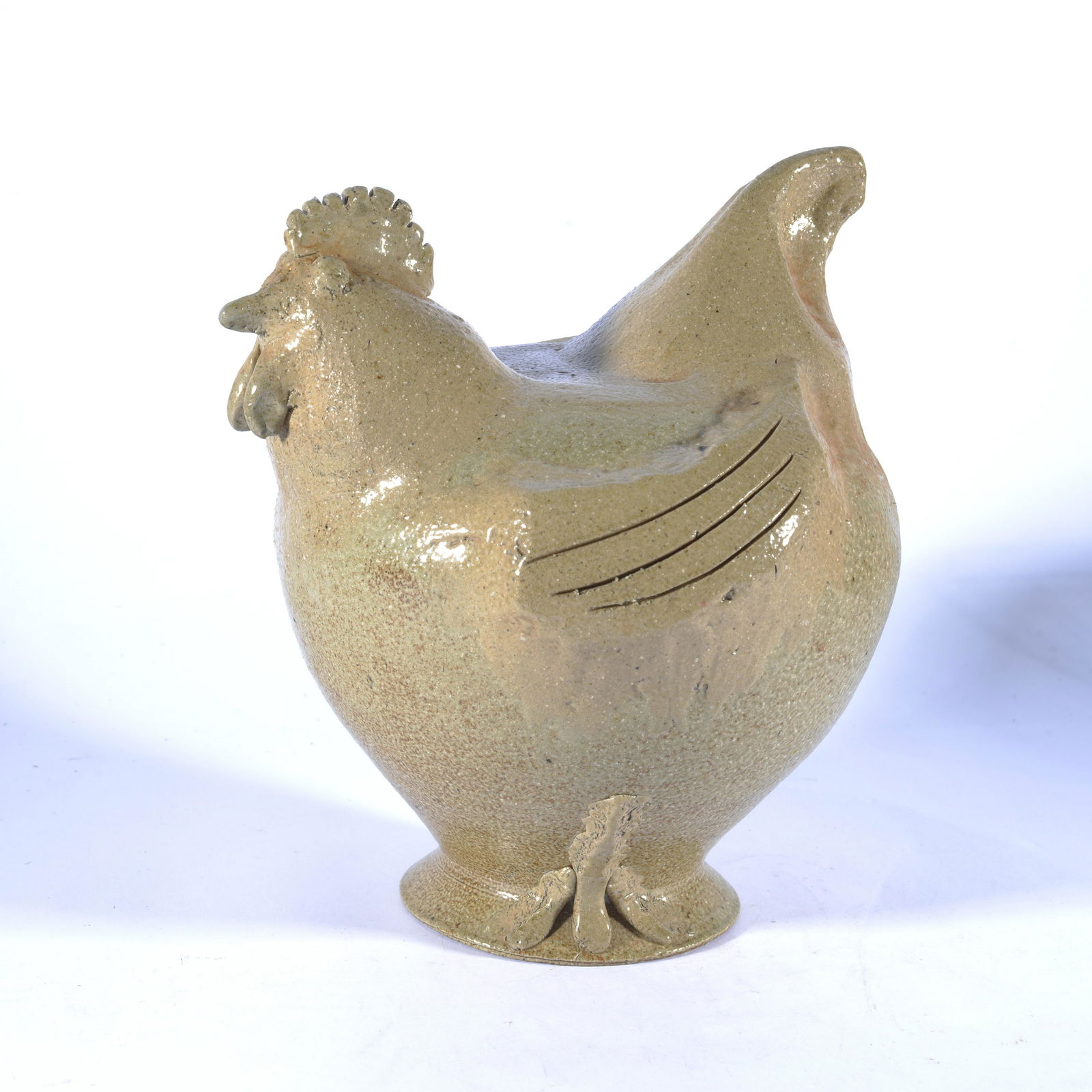 BOLICK POTTERY SALT GLAZE SITTING HEN FIGURAL: The two Bolick brothers famously married two Owens (ML Owens' children) sisters. Glenn & his wife have their shop up 321 in Lenoir, NC. The figural is dated May 11, 2000 & signed on base. Stands 8.5"