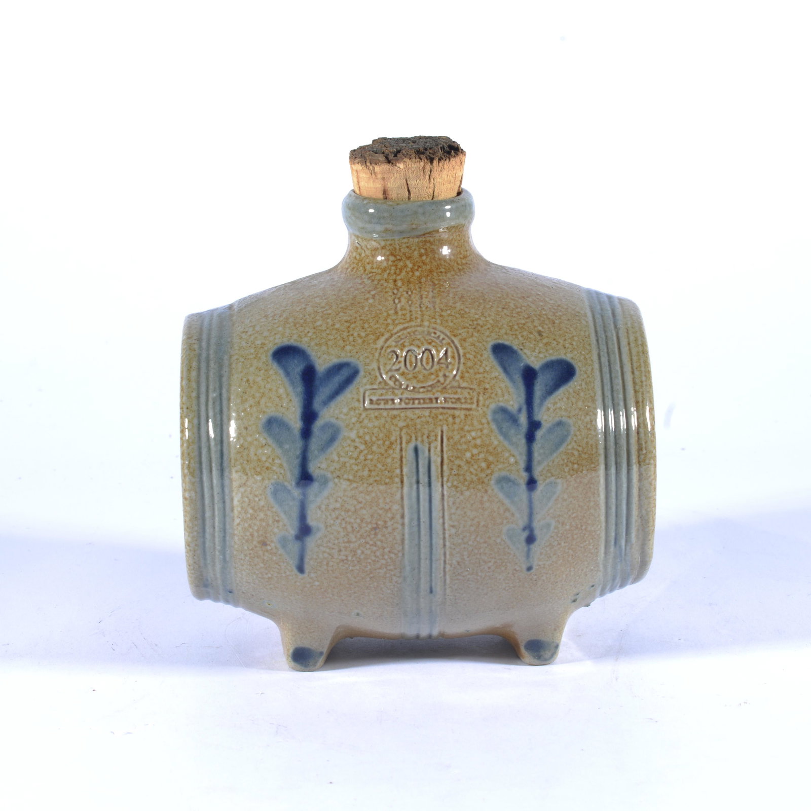 SALT GLAZE TURNED KEG W/ COBALT ROWE POTTERY CAMBRIDGE WI: The salt glaze keg was turned & decorated at Rowe Pottery in Cambridge, WI. EK is the maker (initialed on base) and stamped 2004. 5" long and 5.5" tall.