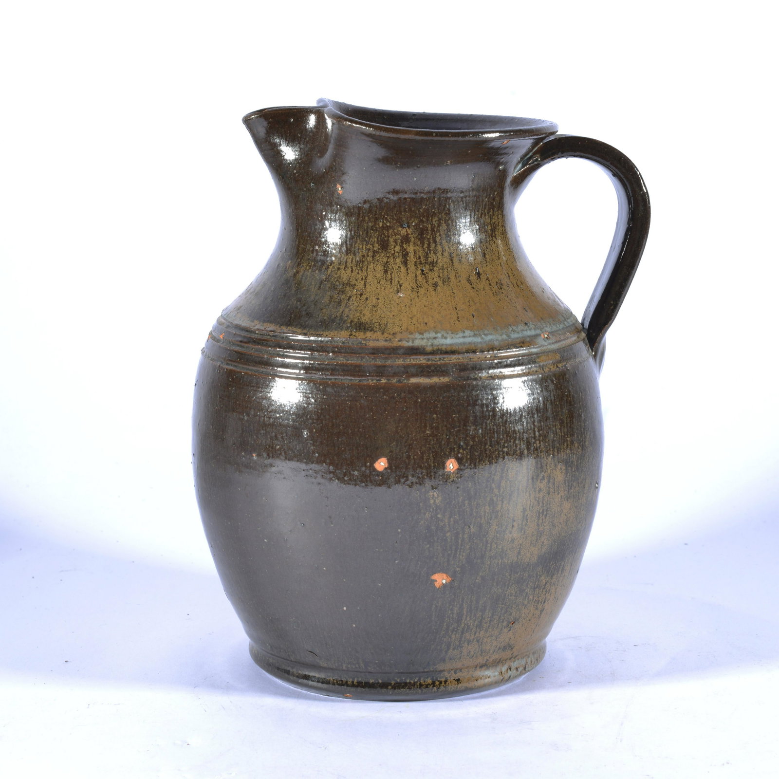 PITCHER RUTILE BEAUTIFUL GLAZE OWENS ORIGINAL POTTERY NC SEAGROVE: Turned at the shop where siblings Boyd & Nancy worked then & now (ML Owens shop at the time) in the latter 1970s or early 80s. Really nice more AR Cole style glazed pitcher w/ several incised lines fo