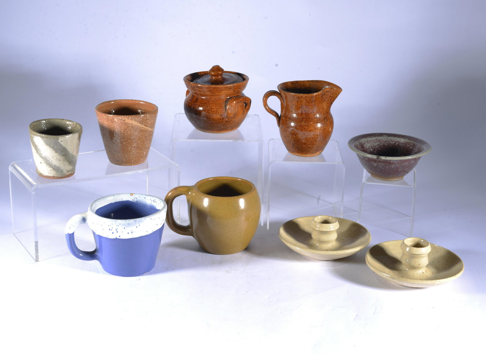 JUGTOWN, BURLON CRAIG, CB CRAVEN, JB COLE ET AL GROUPING SEAGROVE NC: One Jugtown pot (tiny little bowl) is in Chinese Blue and by an apprentice named Cindi Wellen (BCW) and dated 2000. There are Charles B Craven pots that he created under contract w/ Tobacco Road Potte