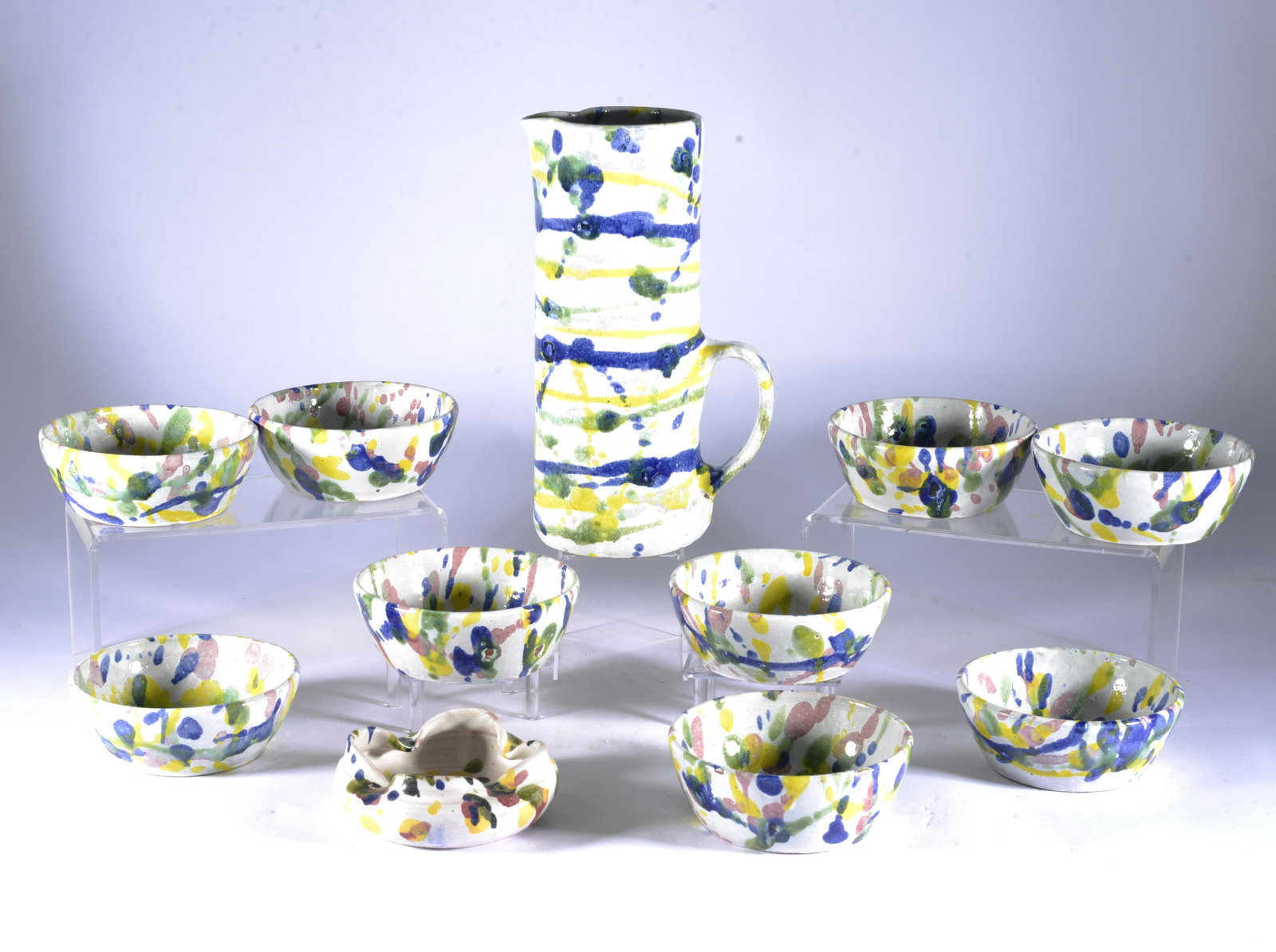 KENNETH COLE GEORGE GROUPING CIRCA 2004 SANFORD NC POTTERY: Great examples of Neolia's grandson Kenneth George, whom worked for the better part of 2 decades at the Cole shop in Sanford. Pitcher is 10" tall, bowls are 4.75" wide.