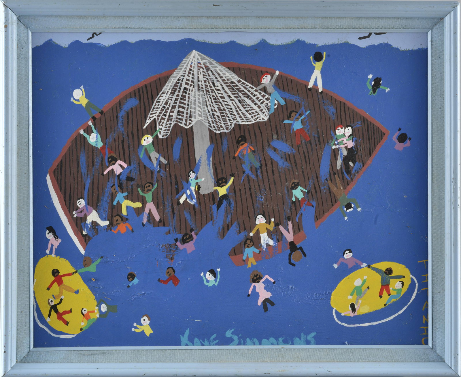 Kaye Simmons Folk Art Painting: Kaye Simmons is wife to Charles Simmons. African American from Eden area of NC. Charles Simmons was a stone carver with Raymond Coins. Charles Simmons also painted. Both are deceased. Framed to 22.5" 