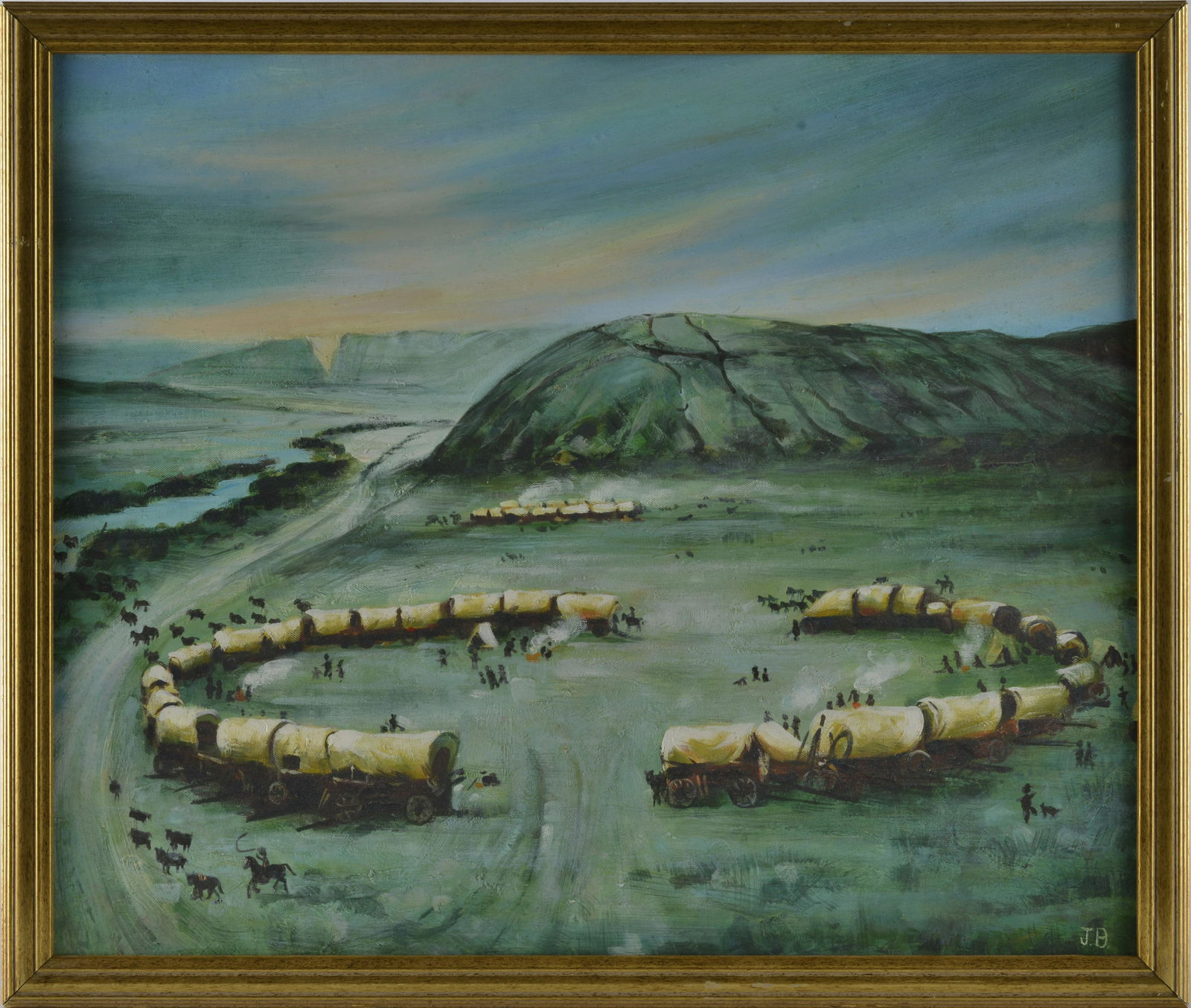 Junior Brown American School Painting signed JB: american painting, framed signed lower right. Paint on masonite board. Framed to 25.75" wide and 21.75" tall.