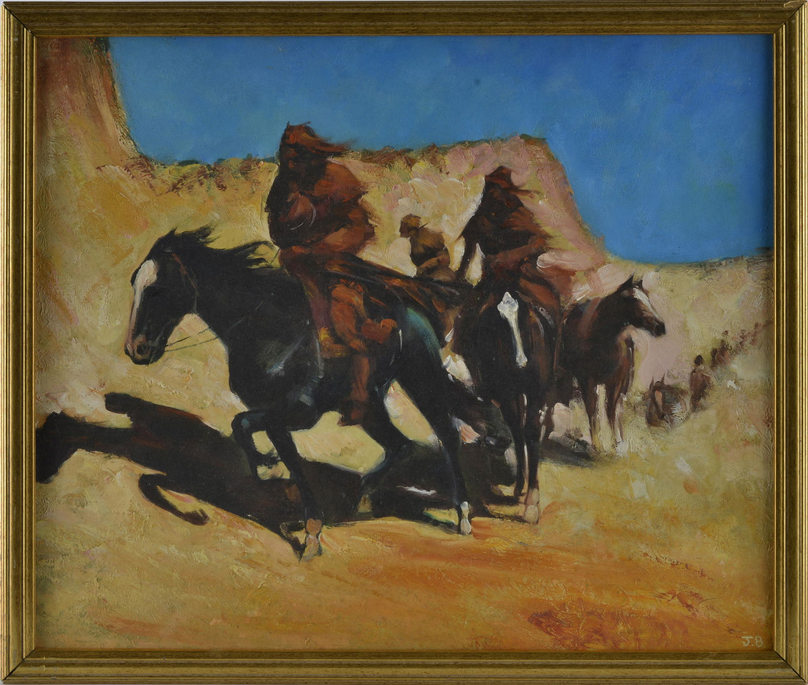 Juniore Brown American School Painting signed JB: american painting, framed signed lower right. Paint on masonite board. Framed to 25.75" wide and 21.75" tall.