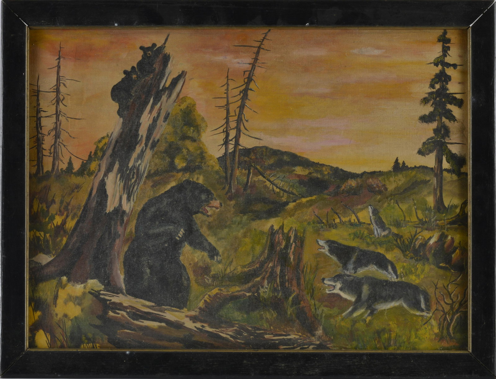 American School Painting of Bear: paint on canvas, framed. Not signed. 26.25" wide by 20.25" tall.