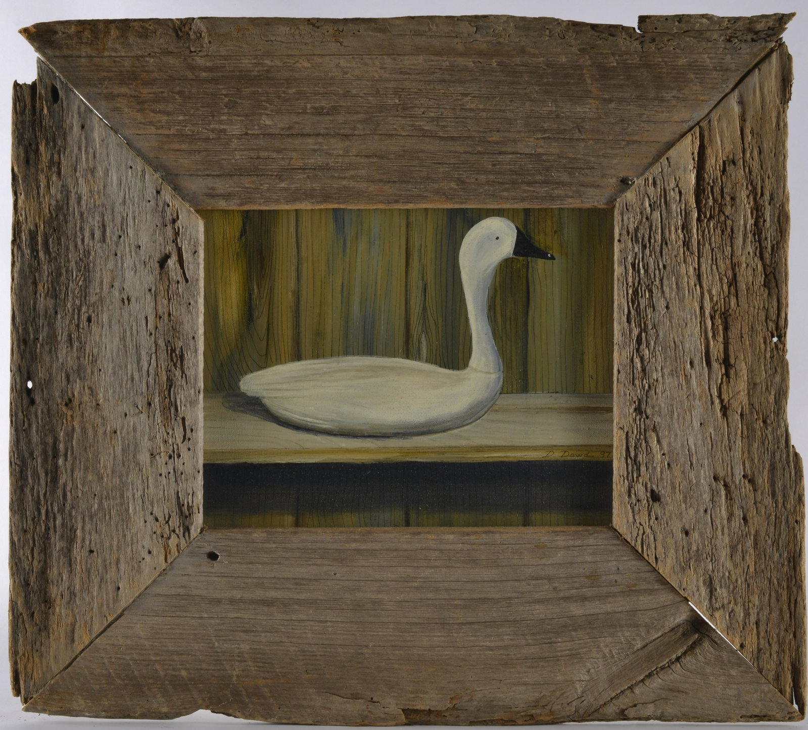 Dan Dowd Duck Decoy Painting: wonderful painting sigd on the right side of the shelf under the duck. Framed. Paint on cavnas. - with lables on back. Framed to 24.75" wide by 21.75" tall.