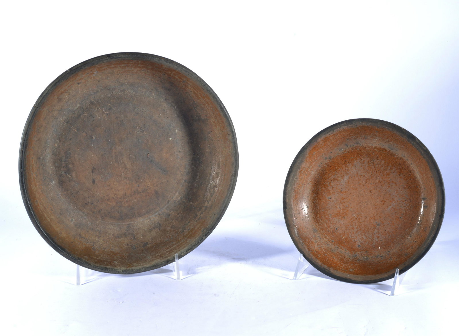DIRT DISH & PIE PLATE NC REDWARE PIEDMONT: Piece on left is very likely North Carolina Piedmont; last quarter likely 19th century. Plate on right is more likely northern, but still excellent example. One on right is 8" wide; one on left is 11"