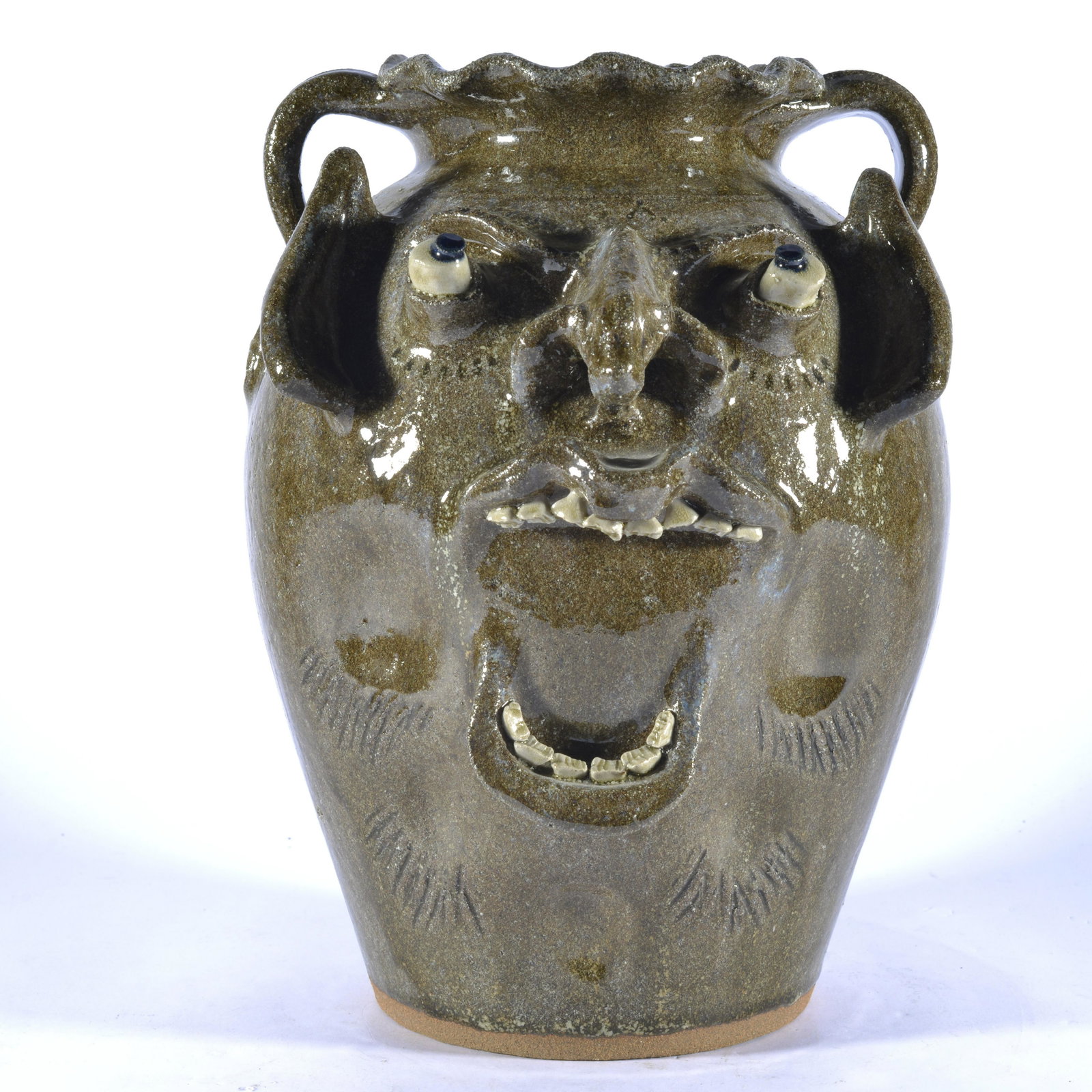 STEVE ABEE RUFFLED FACE 2 HANDLE JAR WOOD-FIRED CATAWBA VALLEY: Wood-fired & alkaline glaze. Very unique rare form of face pot for Steve. Hand signed & inscribed signature on base. Stands 11" tall x 8".