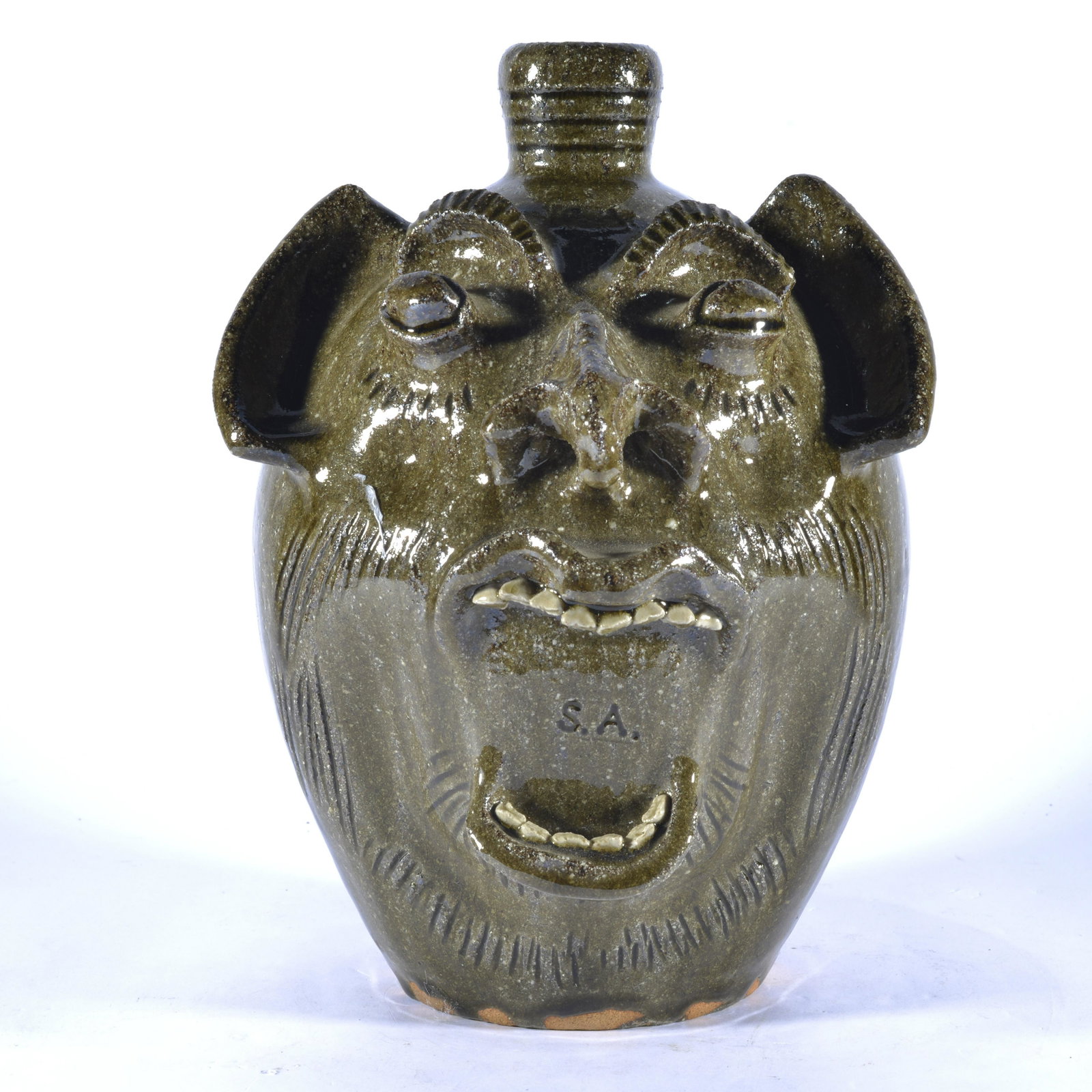 STEVE ABEE FACE JUG SIGNED STAMPED SA EIGHT TIMES!!!: Absolutely unique style of marking by Steve Abee on a wood-fired alkaline face jug by him. Stamped inside mouth SA, stamped six times on back shoulder, once on forehead and signed on bottom. Stands 11