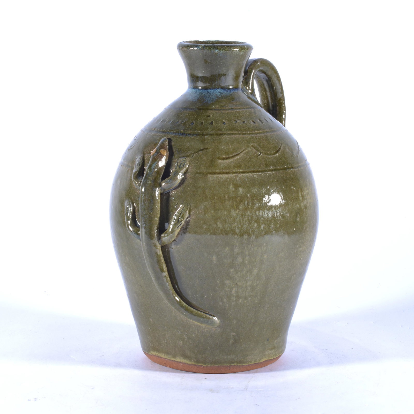 WALTER FLEMING LIZARD GLASS RUN JUG CATAWBA VALLEY NC: Even today, Walter (b1937) can create incredible pots. he is the Senior (and mostly active) Potter of the Catawba Valley. Walter has a wonderful timber property where he digs some of his clay that has