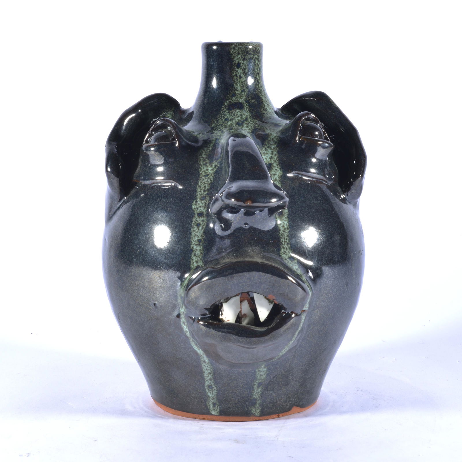 MELVIN ML OWENS GUNMETAL GLAZED GLASS DECORATED VAMPIRIC FACE JUG (1 of 4)