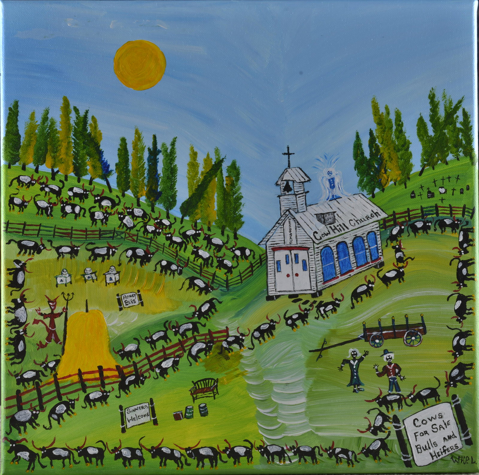 Wade Ledbetter Folk Art Painting: Born 1951, Wade Ledbetter was one of the Souths most notorias real pickers from 1978 to 2018. He started door knocking in 1978 and every week for 50 weeks a year he would knock hard for 4 days and the