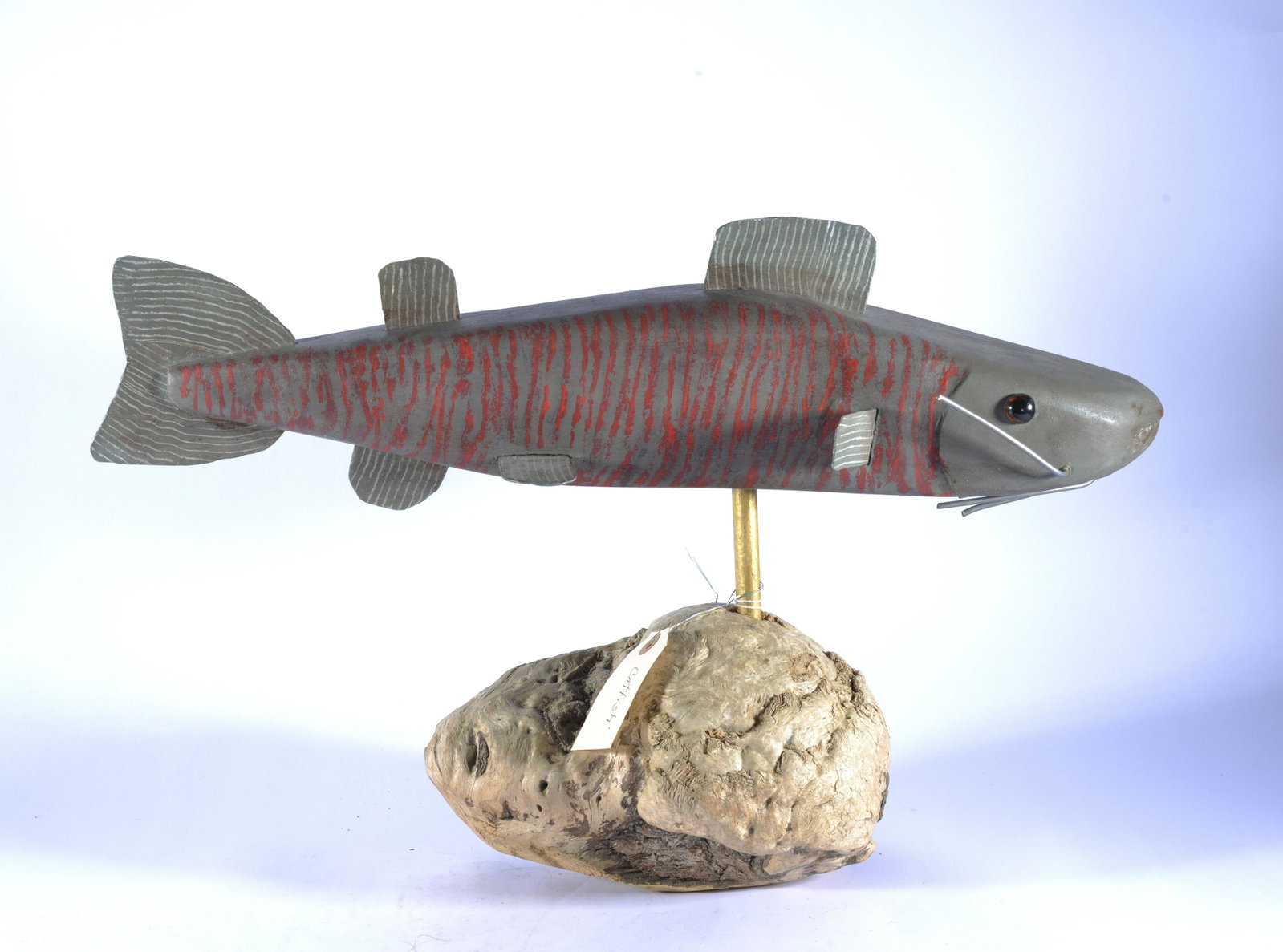 Tom Steck Folk art Cat Fish: Carved catfish, wood and paint. Signed. 20" long by 13.5" tall.