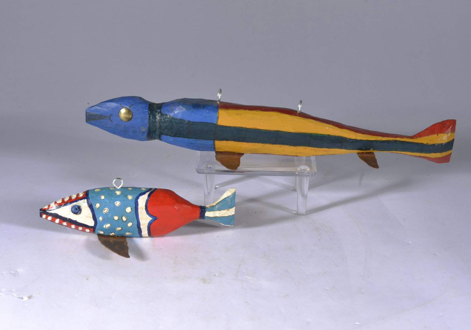 Folk Art Fishing Decoys: wood and paint, signed S MAG dated 2008. largest is 10.5" long.