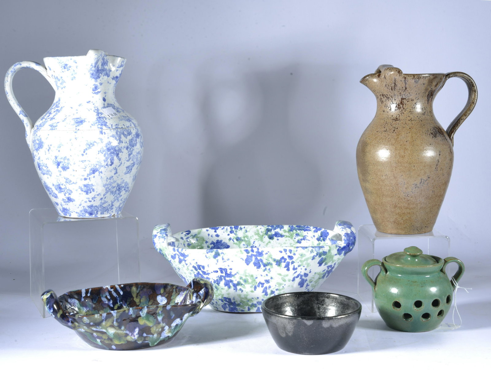 COLE POTTERY SANFORD NC GROUPING, KENNETH COLE GEORGE & DAVID COLE: Most of the pots in this lot are by Kenneth George, grandson that worked with Neolia for a couple decades. Kenneth's cousin (once removed aka the next generation), son of Celia, David Cole (from a dif