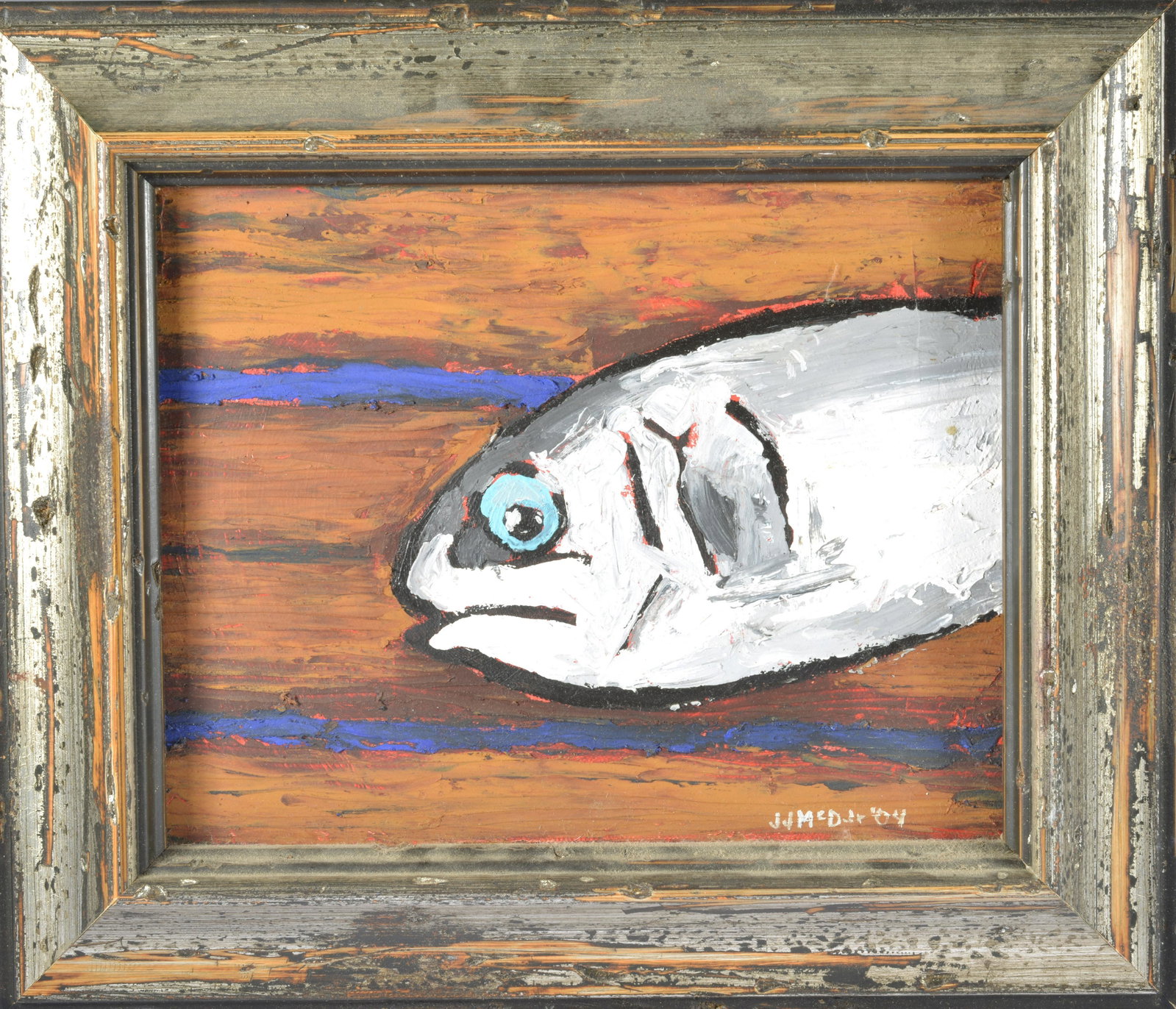 JJ McDur Folk Art Painting (fish): paint on canvas, framed, signed lower right dated 2004. 13.75" wide by 12" tall.