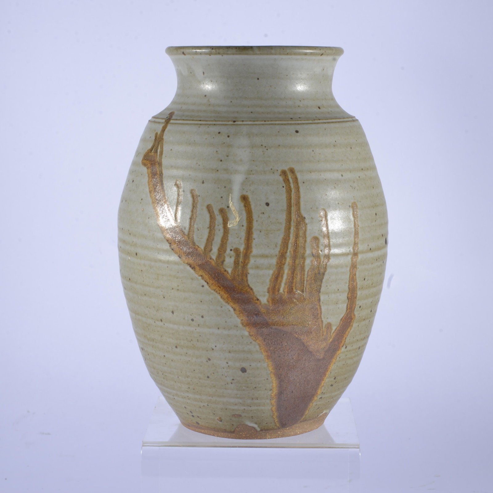 STUDIO POTTERY VASE W/ HEART IN SQUARE SIGNATURE: This pot was not made for Hart Square, an incredible historic village in Catawba Co, founded by recently passed Bob Hart & his still very much with us wife. The potter is unknown. The vase stands 9" t