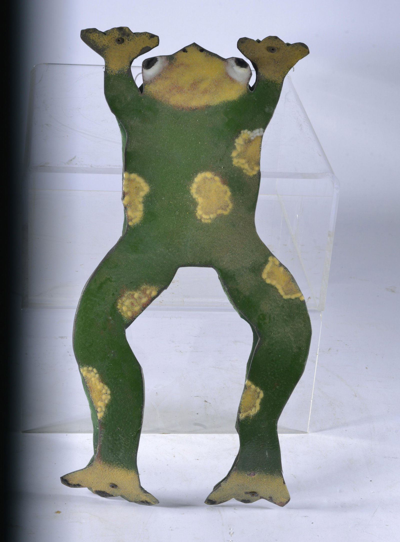 Folk Art Tin Frog: tin and paint, made to hang on wall. 15" long.