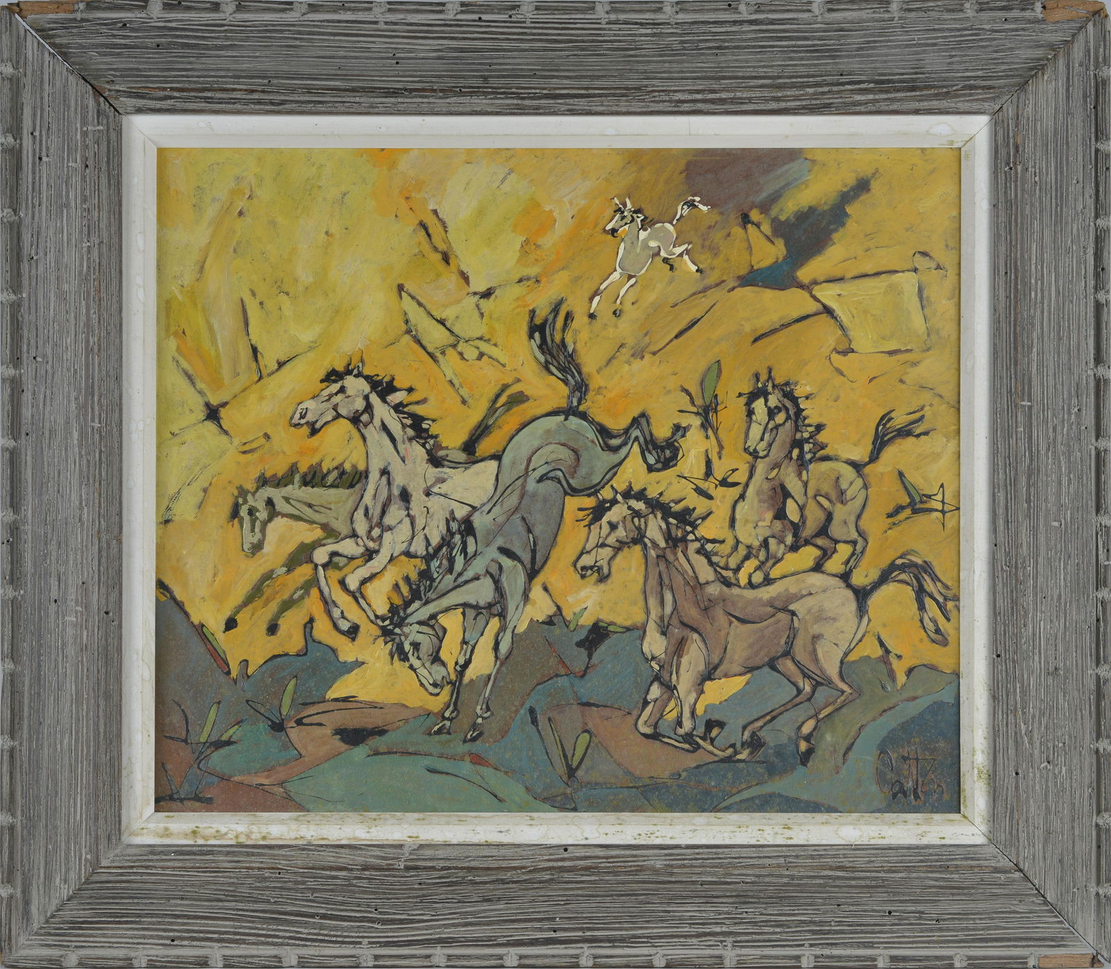 GALLOPING HORSES COMING DOWN THE MT Signed: oil on masonite. Signed by artist (last name CATT??). Framed 26" by 29.5".