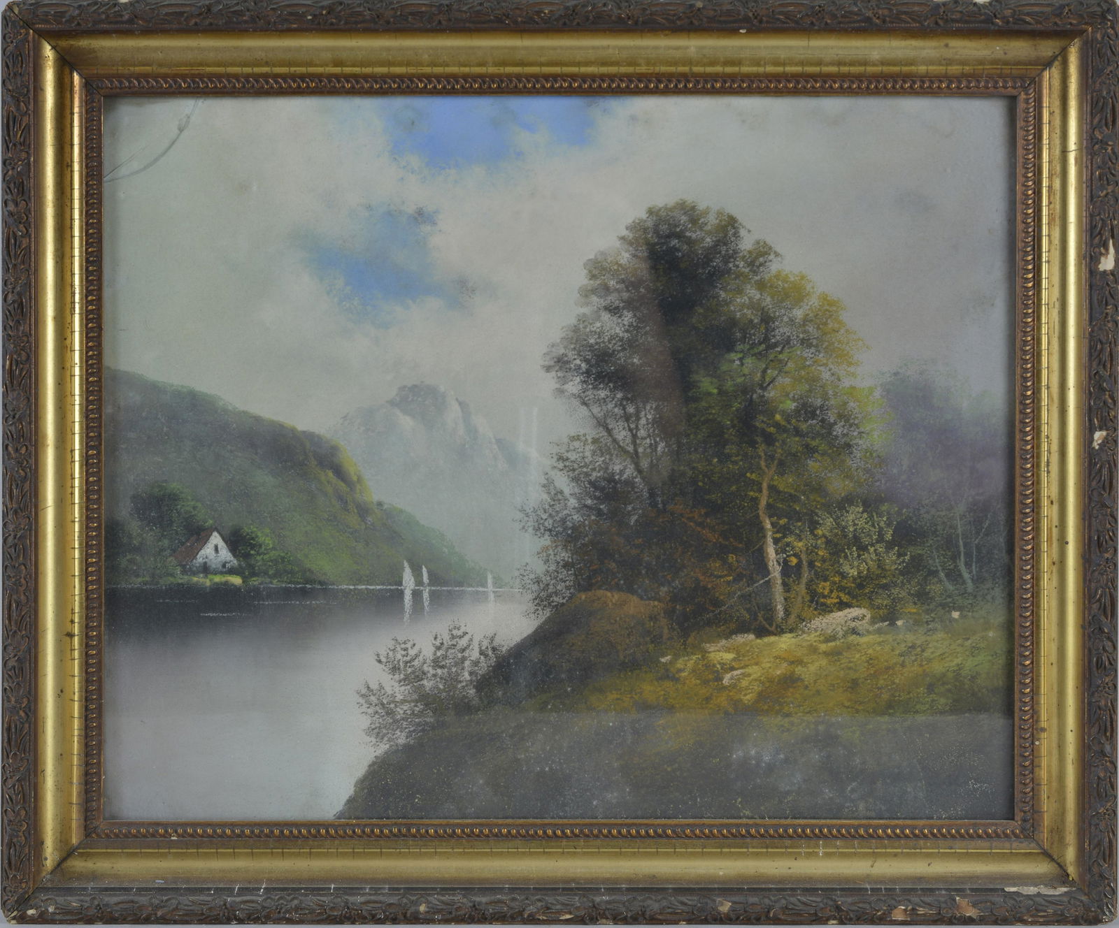 LAKE MOUNTAIN VIEW SCENE PASTEL American School (1 of 2)