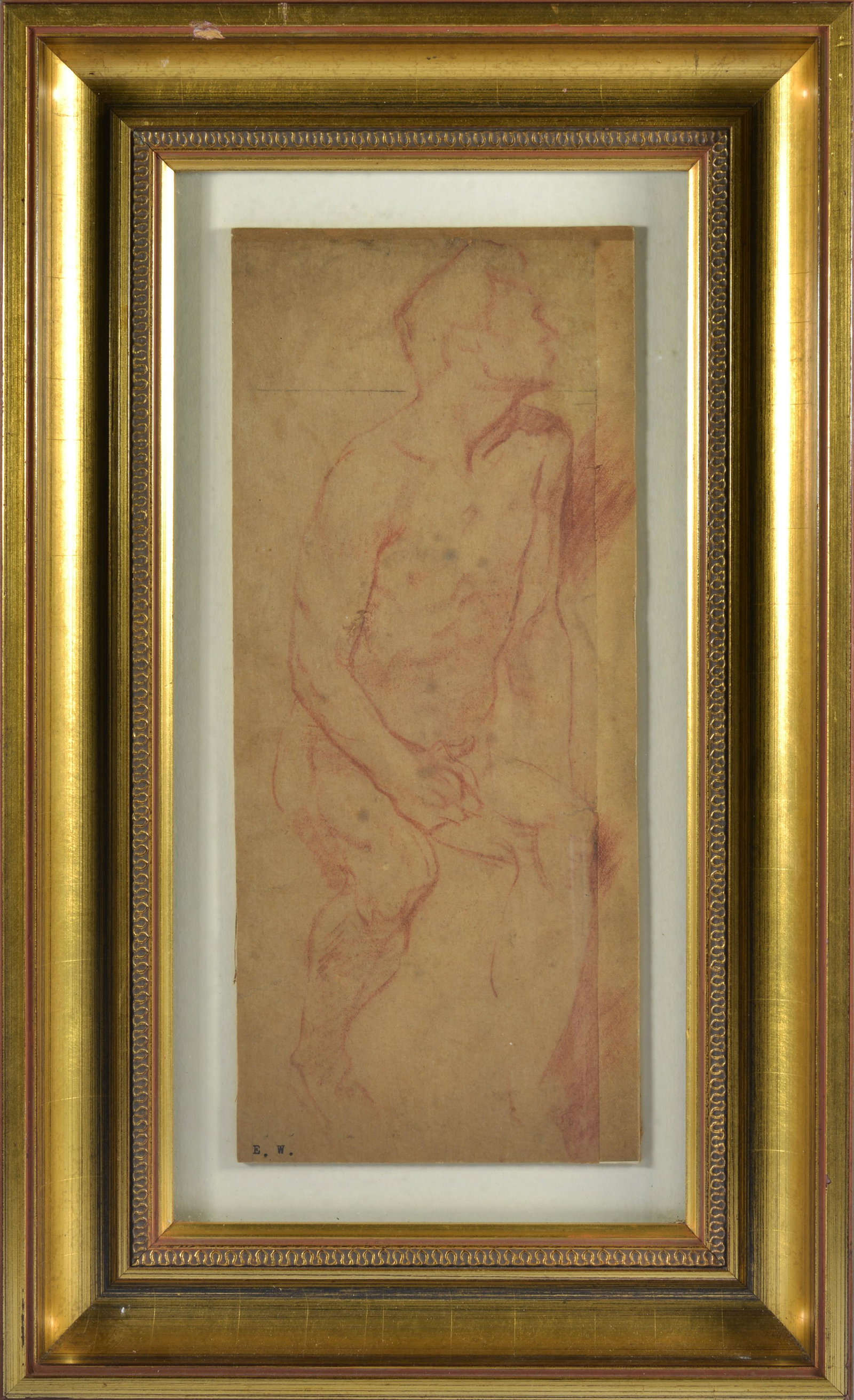 DAME ETHEL WALKER, ROYAL ACADEMY (RA) FIGURE STUDY: crayon on paper. Male nude figural drawing, signed, and more details added on back. Framed 17.5" x 10.5".