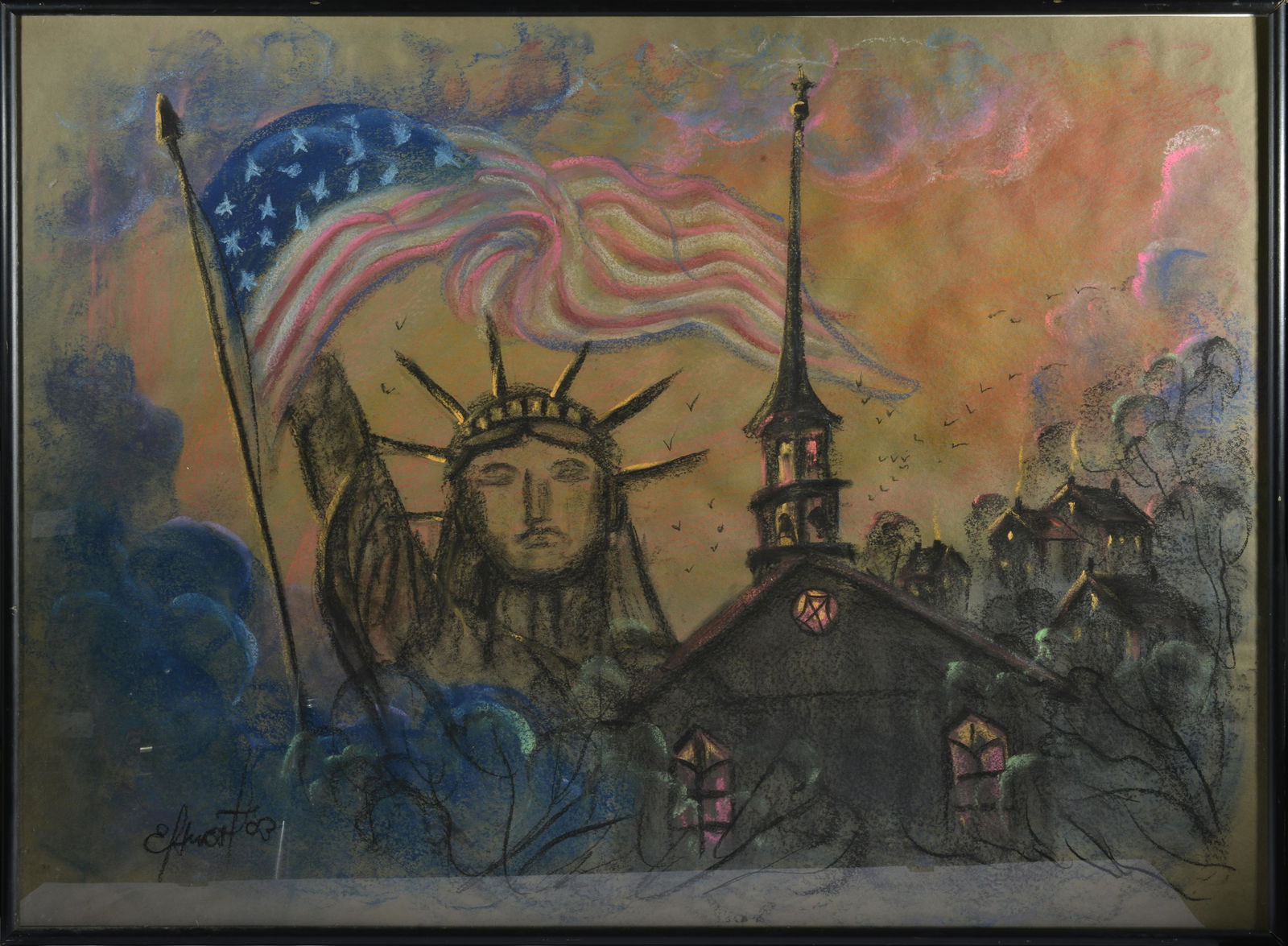 EFMOST STATUE OF LIBERTY PATRIOTIC SCENE PAINTING.  Signed.  2003. (1 of 2)