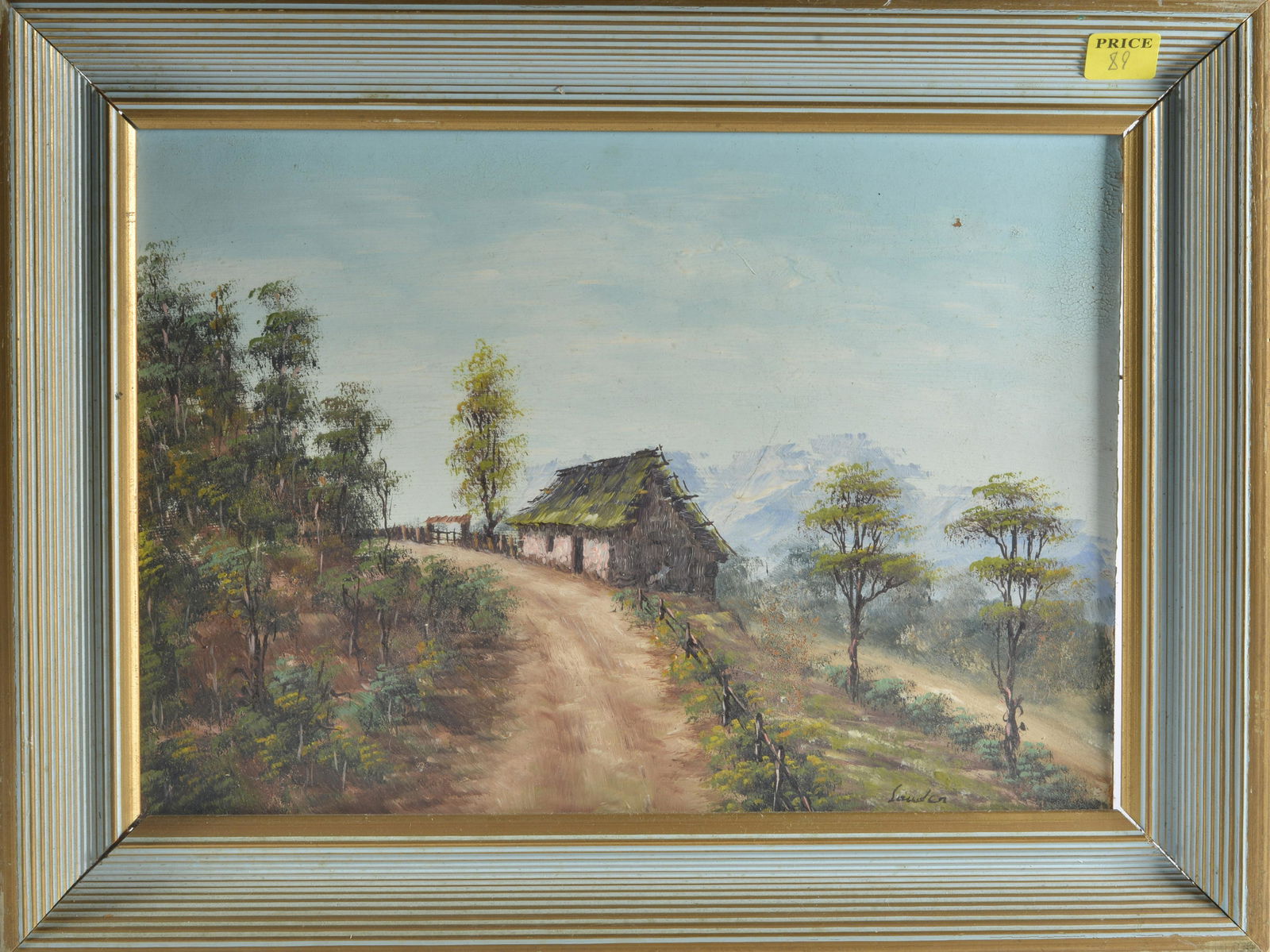 SAUDER THATCHED HOUSE COUNTRY SCENE: oil on masonite. Signed. Framed 16.5" x 12.75".