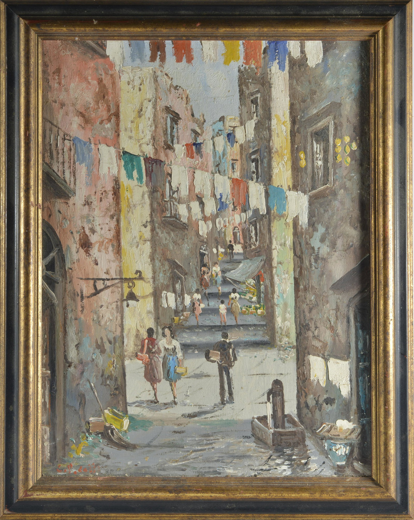 CITY ALLEY SCENE IMPRESSIONIST Signed: oil on board. Signed by illegible. Framed 18.5" x 14.5".
