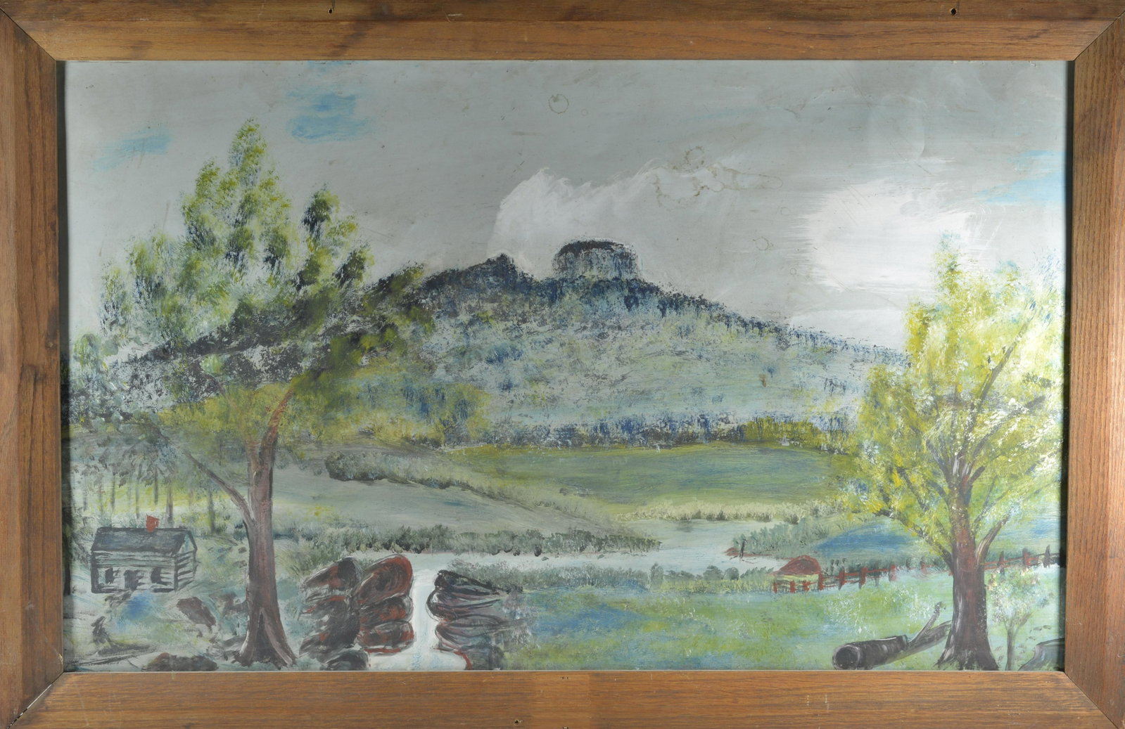 PILOT MT NC FOLK PAINTING: oil on tin. Not signed, but tin denotes painted in 1970's. Framed 24" x 37".