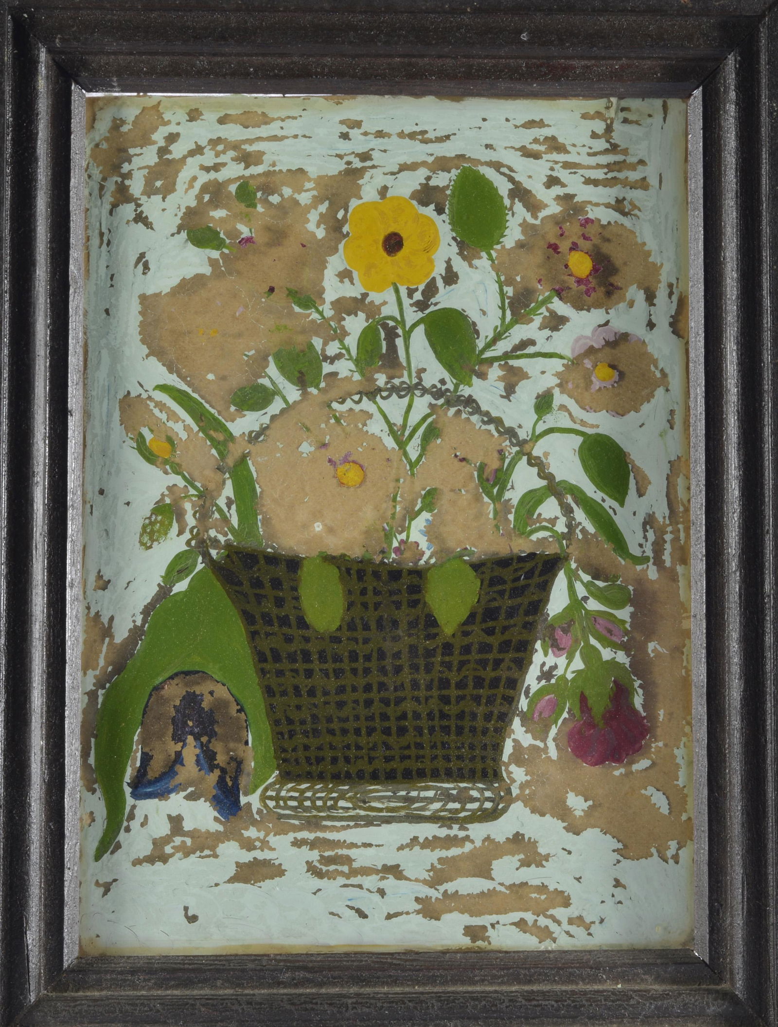 REVERSE PAINTING ON GLASS OF BASKET OF FLOWERS AMERICAN SCHOOL (1 of 1)