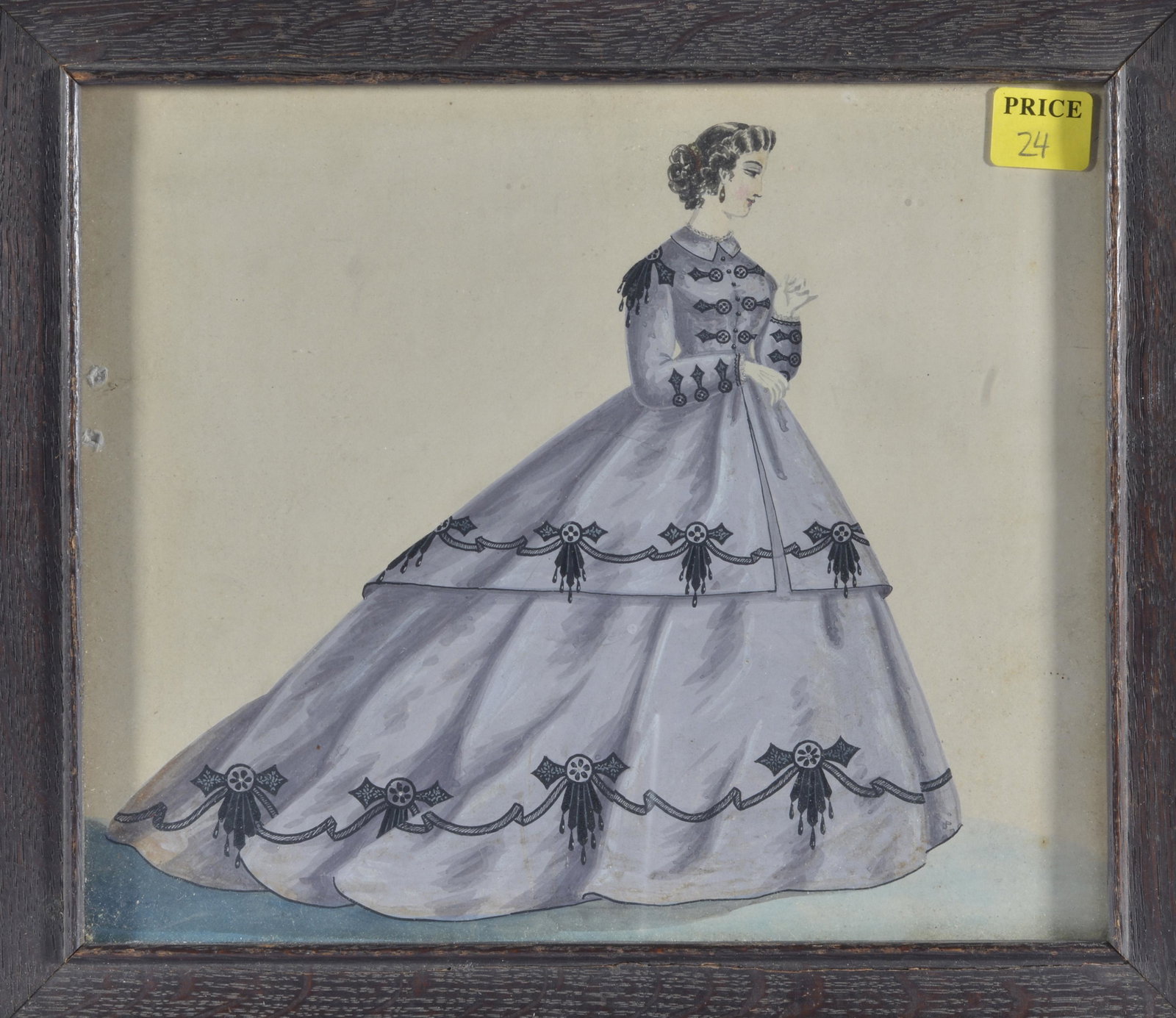 ANTEBELLUM ELEGANTLY DRESSED WOMAN AMERICAN SCHOOL: watercolor on paper. Unsigned, modeled after fashion print style. Framed 11" x 12.5".