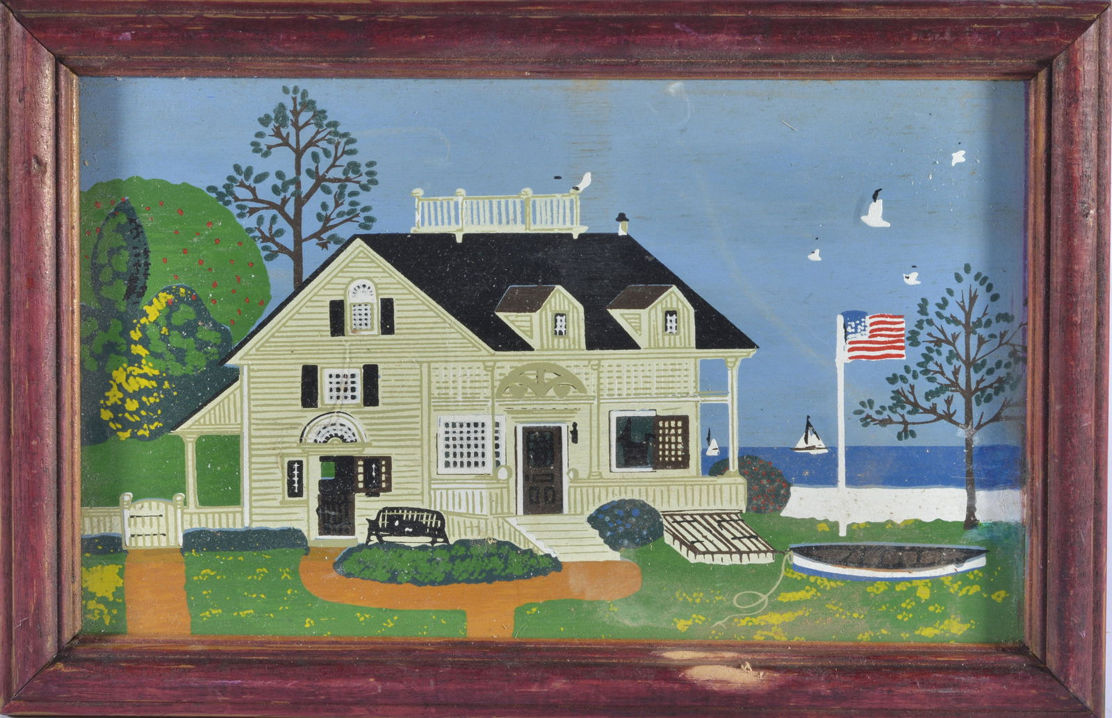 CONTEMPORARY PAINTING OF 19TH CENTURY HOME: oil on wood panel. Unsigned. Framed 9.5" x 14.5".